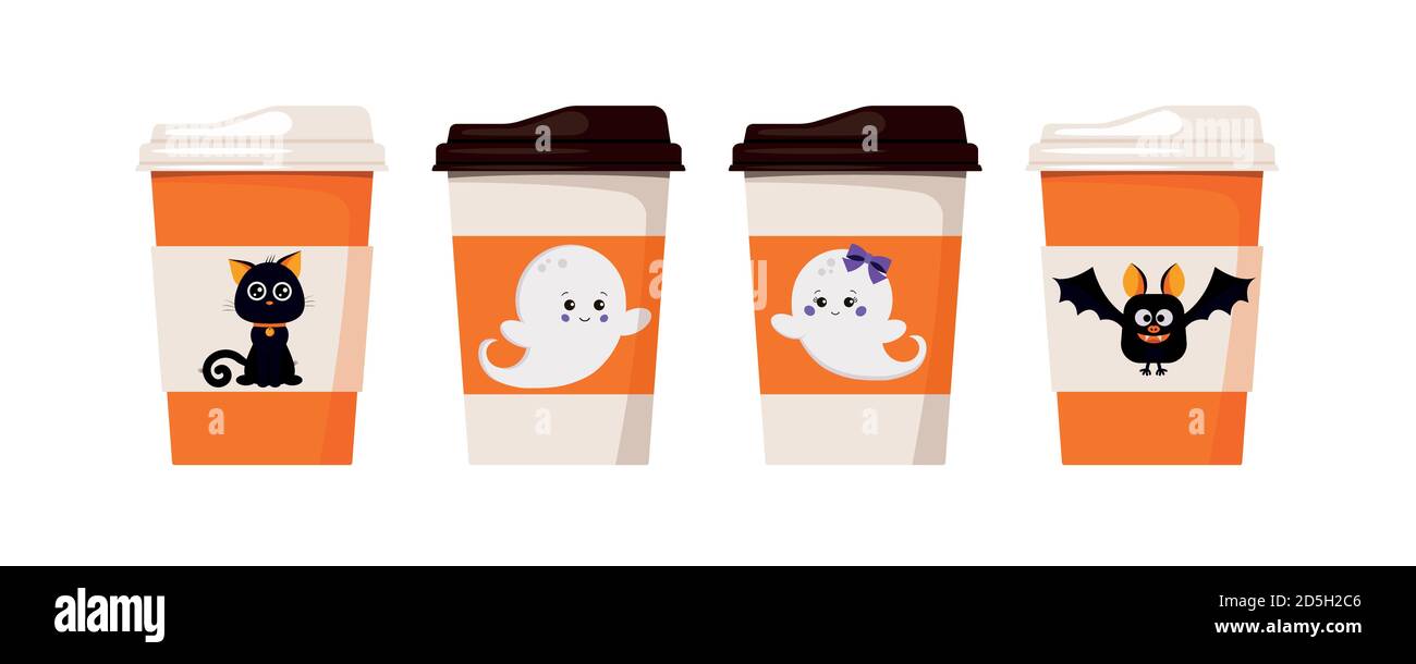 Halloween Pack Kaffee oder Tee Tassen mit niedlichen Zeichen verziert Stock Vektor