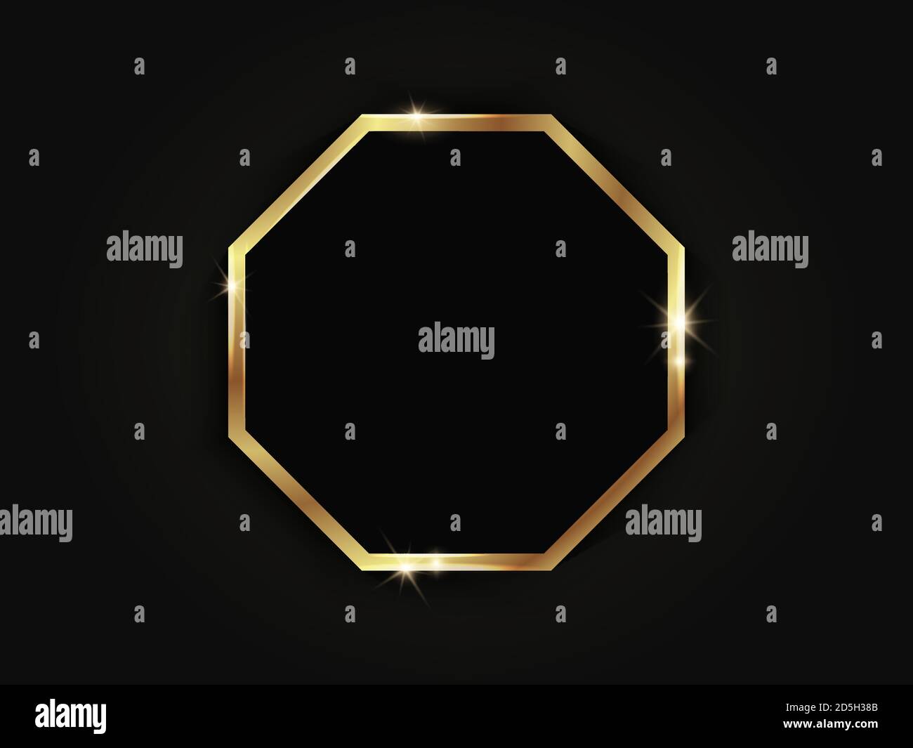 Achteckiger goldener funkelnder Rahmen isoliert auf schwarzem Hintergrund. Stock Vektor
