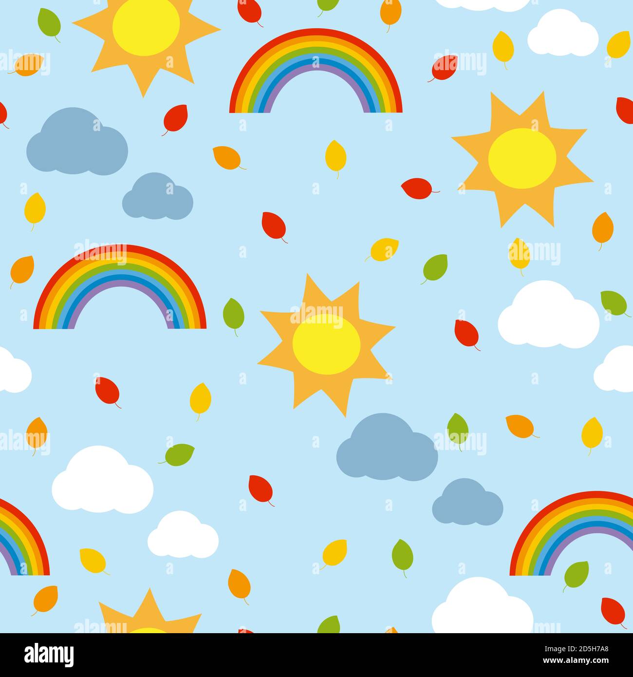 Buntes Nahtloses Muster mit Sonne, Regenbogen, Wolken und Herbstblättern. Stockfoto