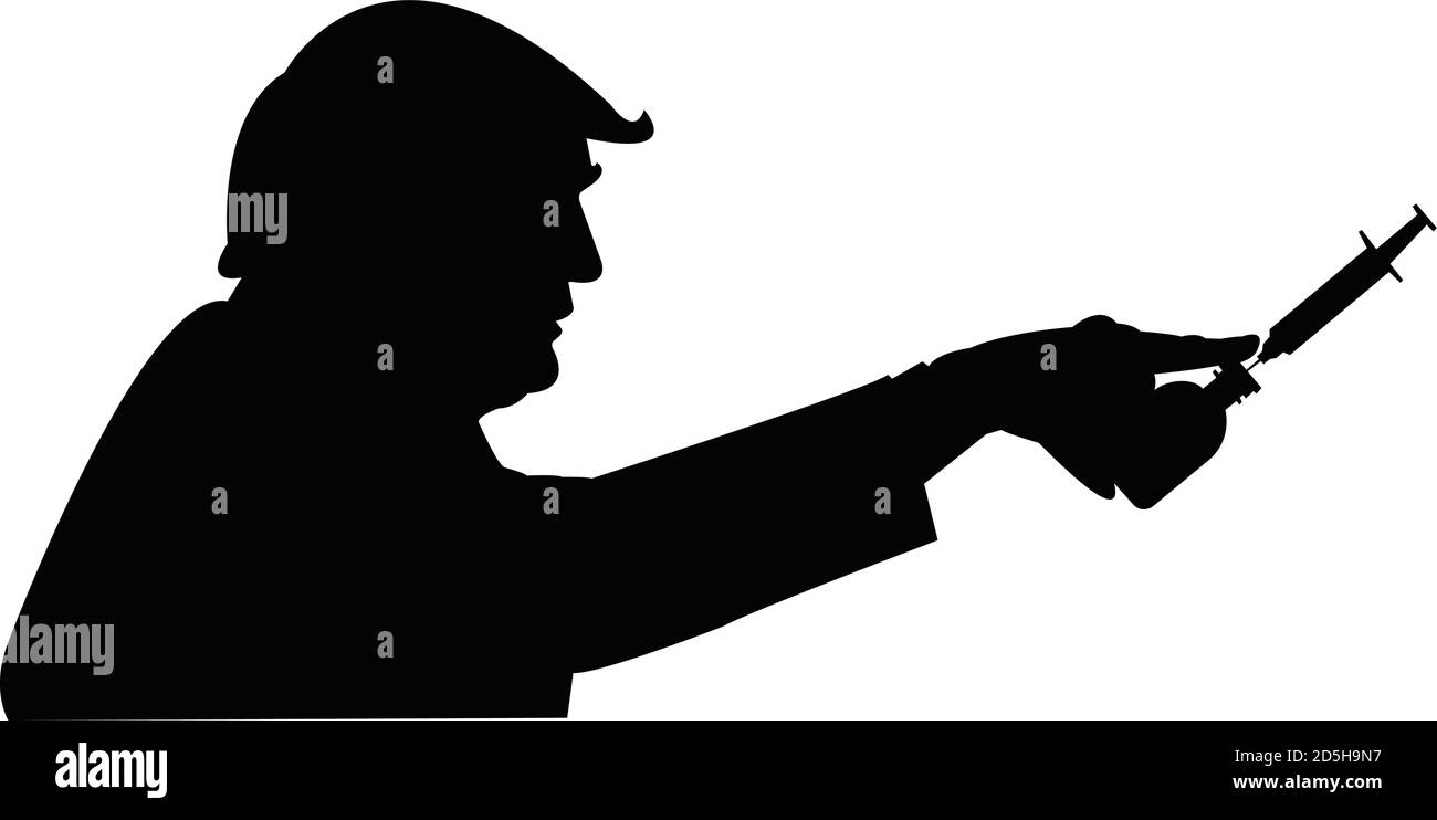 Donald Trump zeigt mit dem Finger auf die Silhouette des Impfstoffes covid19. Donald Trump gibt Impfstoffe. Stock Vektor