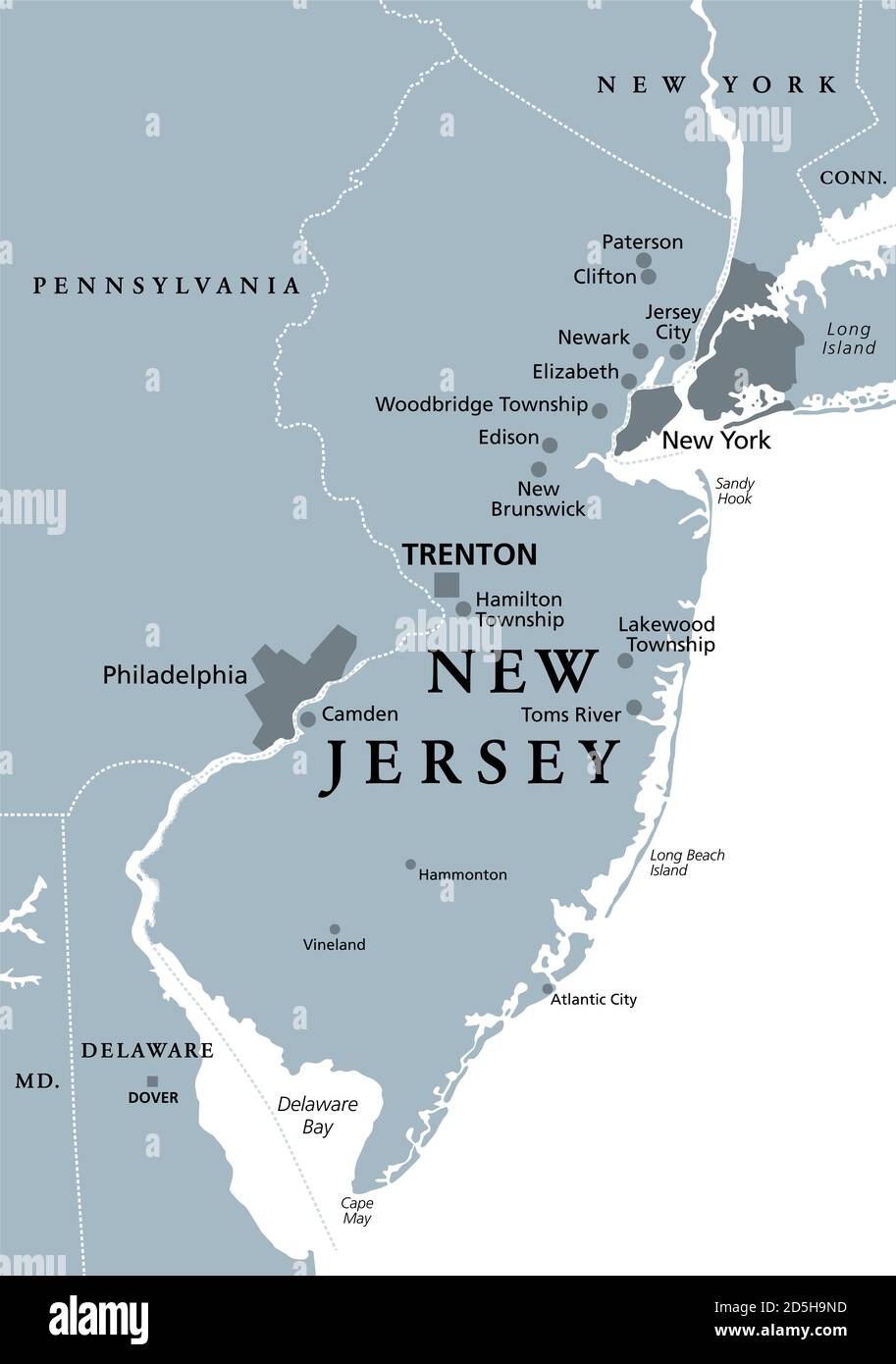 New Jersey, NJ, graue politische Landkarte mit der Hauptstadt Trenton. Staat in der Region des Mittelatlantiks im Nordosten der Vereinigten Staaten von Amerika. Stockfoto
