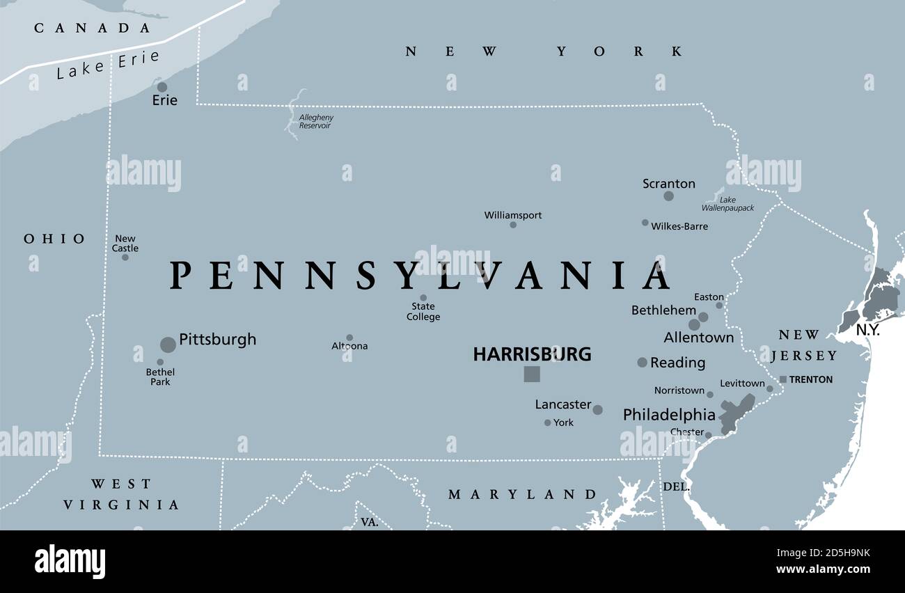 Pennsylvania, PA, graue politische Karte. Der Commonwealth of Pennsylvania, ein Staat im Nordosten der Vereinigten Staaten von Amerika mit Hauptstadt Harrisburg. Stockfoto
