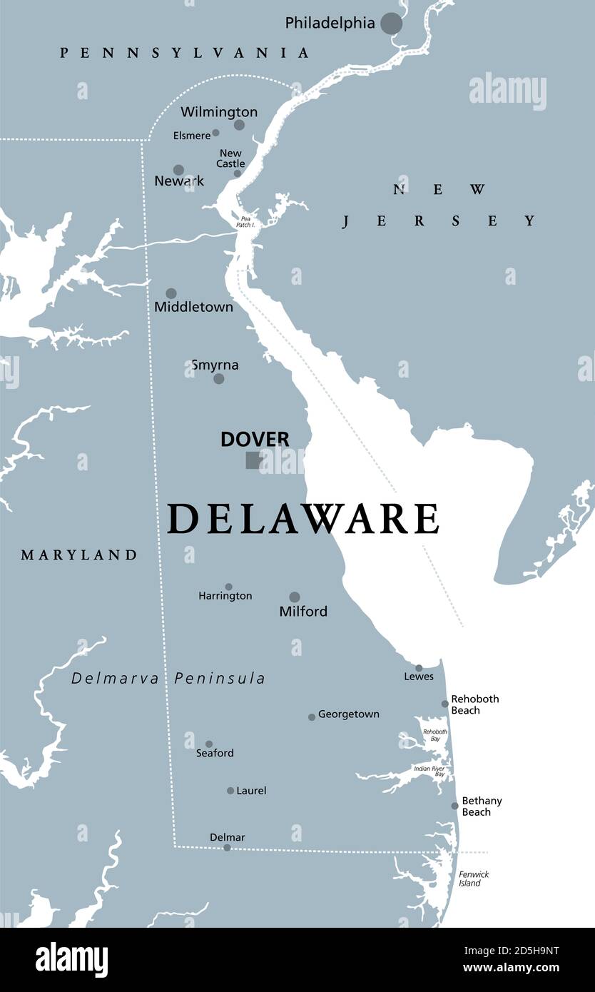 Delaware, DE, graue politische Landkarte. Staat in Mid-Atlantic Region der Vereinigten Staaten von Amerika. Capital Dover. Der Erste Status. Das Kleine Wunder. Stockfoto
