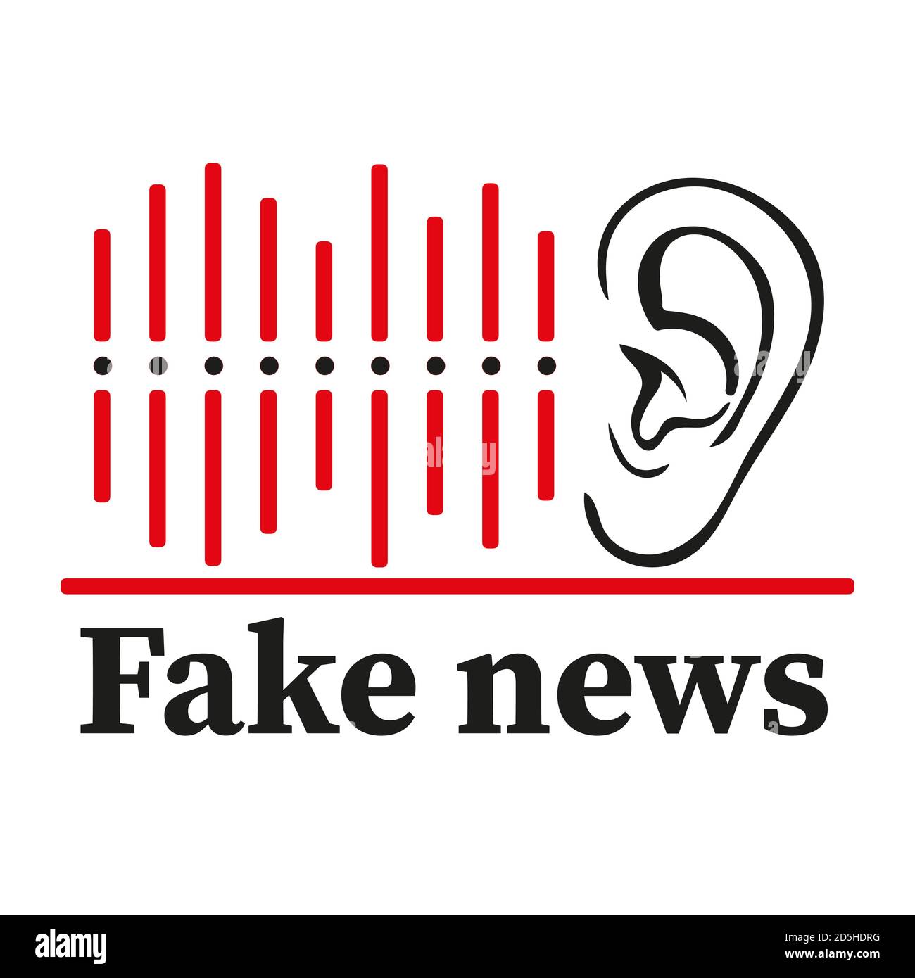 Gefälschte Nachrichten-Symbol lügen. Ohr hört Lügen Abzeichen. Verbreitung von falschen Informationen in Zeitungen, im fernsehen und journalistischen Täuschungskonzept. Flachvektor Stock Vektor