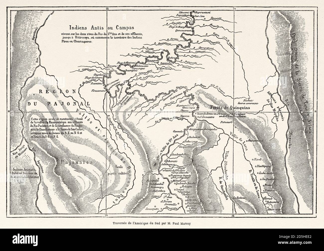 Alte Karte von Campa Indianern, Ashaninka Gebiet, Peru, Südamerika. Altes XIX Jahrhundert gestochen von Le Tour du Monde 1864 Stockfoto