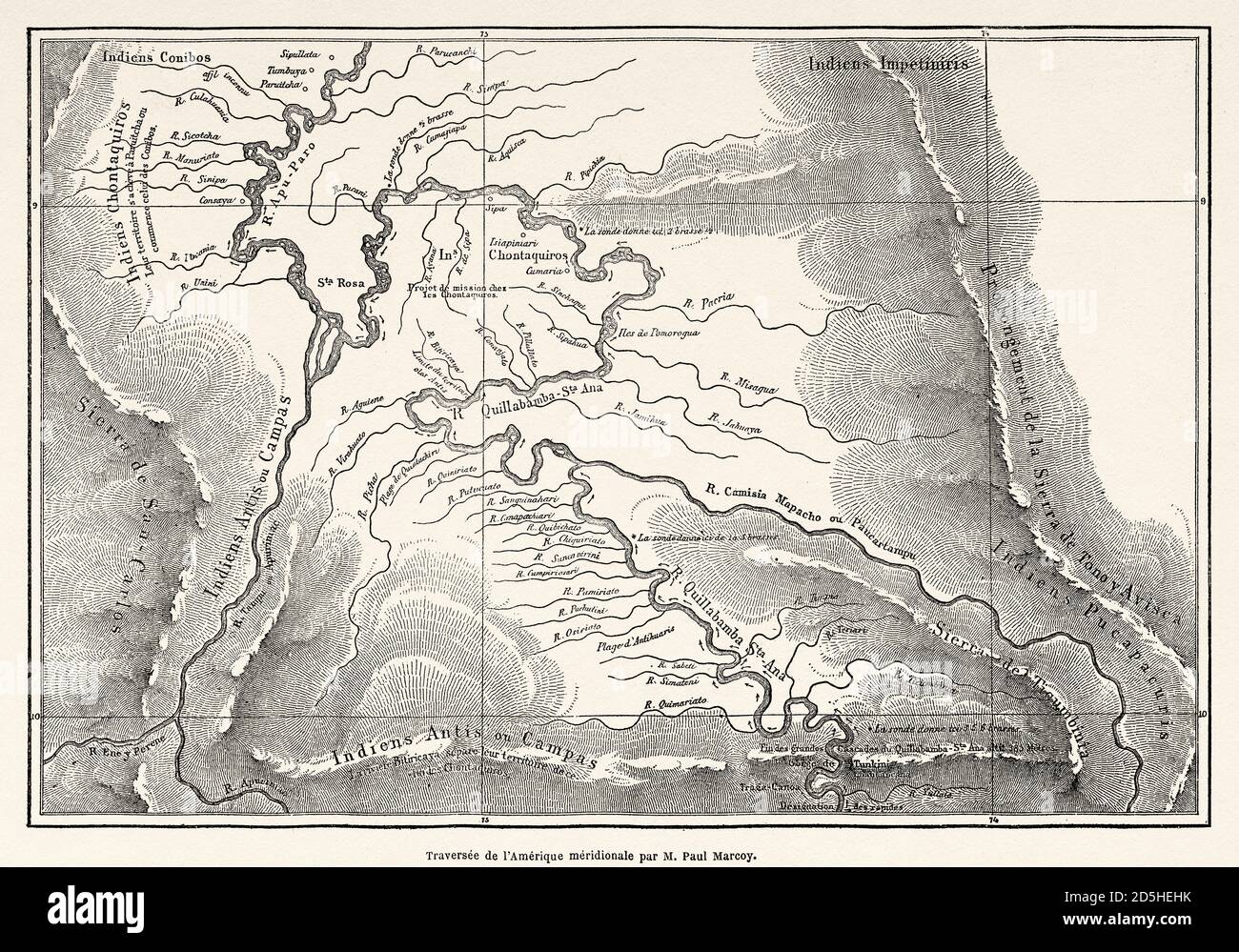 Quillabamba Region Karte, Peru, Südamerika. Altes XIX Jahrhundert gestochen von Le Tour du Monde 1864 Stockfoto
