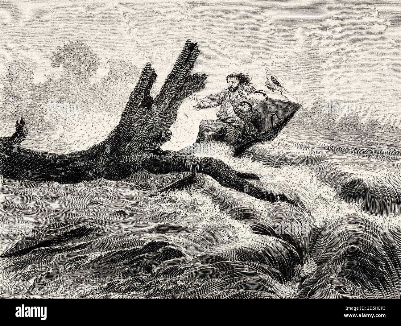 Kanu knallt in einen großen Stamm entlang Stromschnellen des peruanischen Flusses, Peru, Südamerika. Altes XIX Jahrhundert gestochen von Le Tour du Monde 1864 Stockfoto