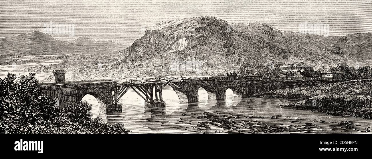 Alte Ansicht der antiken römischen Brücke über Sakaria Fluss, Bithynia Region, Türkei. Altes XIX Jahrhundert gestochen von Le Tour du Monde 1864 Stockfoto