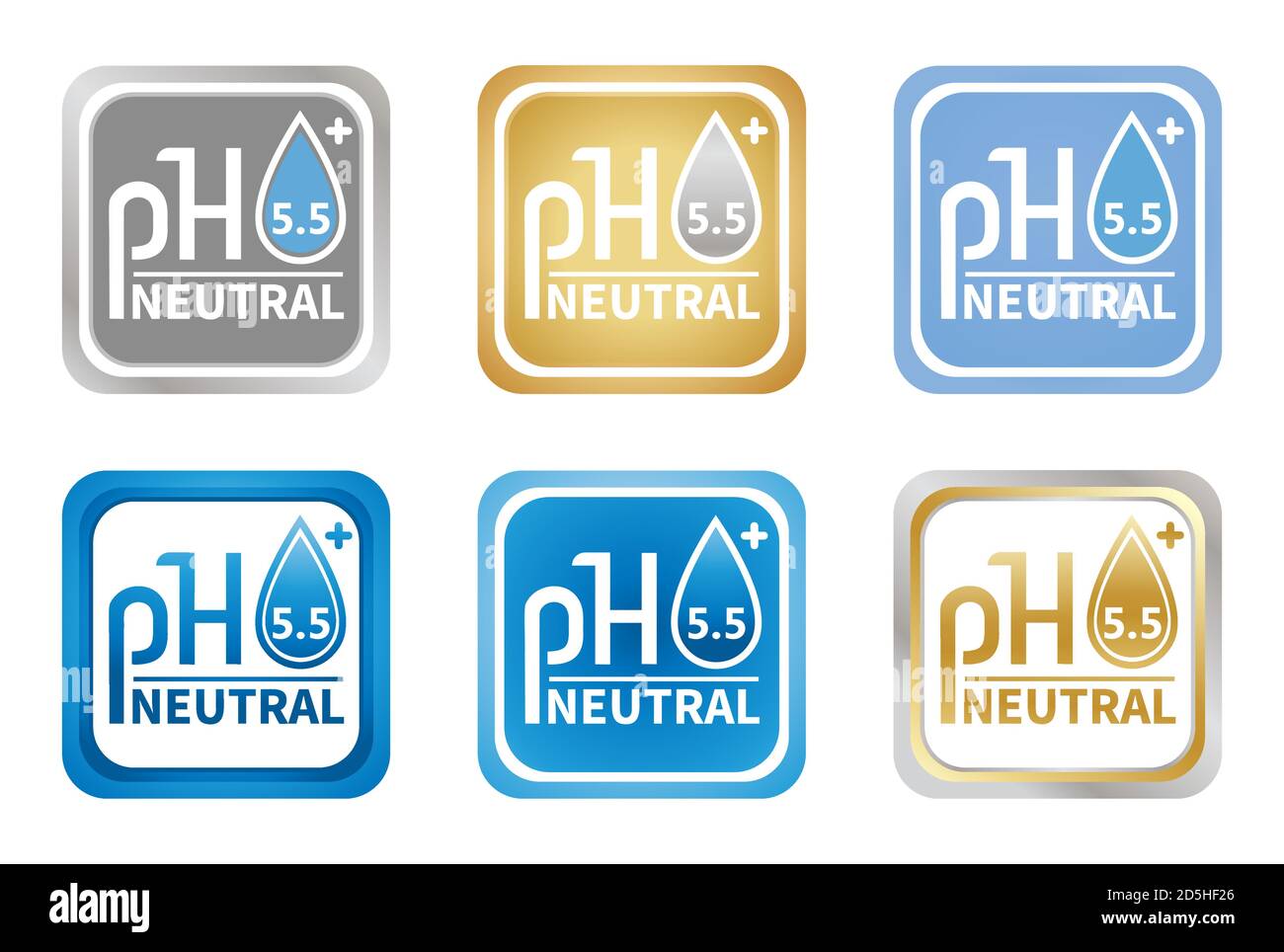 PH 5.5 Neutralausgleich Vektor-Symbolsatz. Labortests, Kontrolle der Qualität von Kosmetika. Wassertropfen/ Etikett für pharmazeutische Hautpflegeprodukte. Stock Vektor