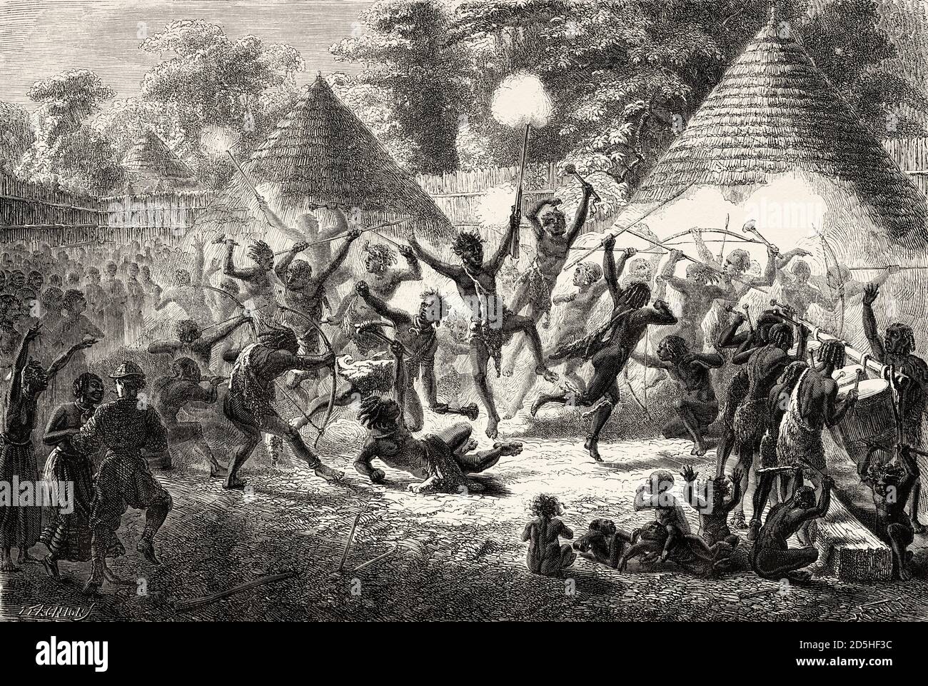 Explorer James Augustus Grant nimmt an einem Tribal-Tanz im ugandischen Dorf in Afrika Teil. Altes XIX Jahrhundert gestochen von Le Tour du Monde 1864 Stockfoto