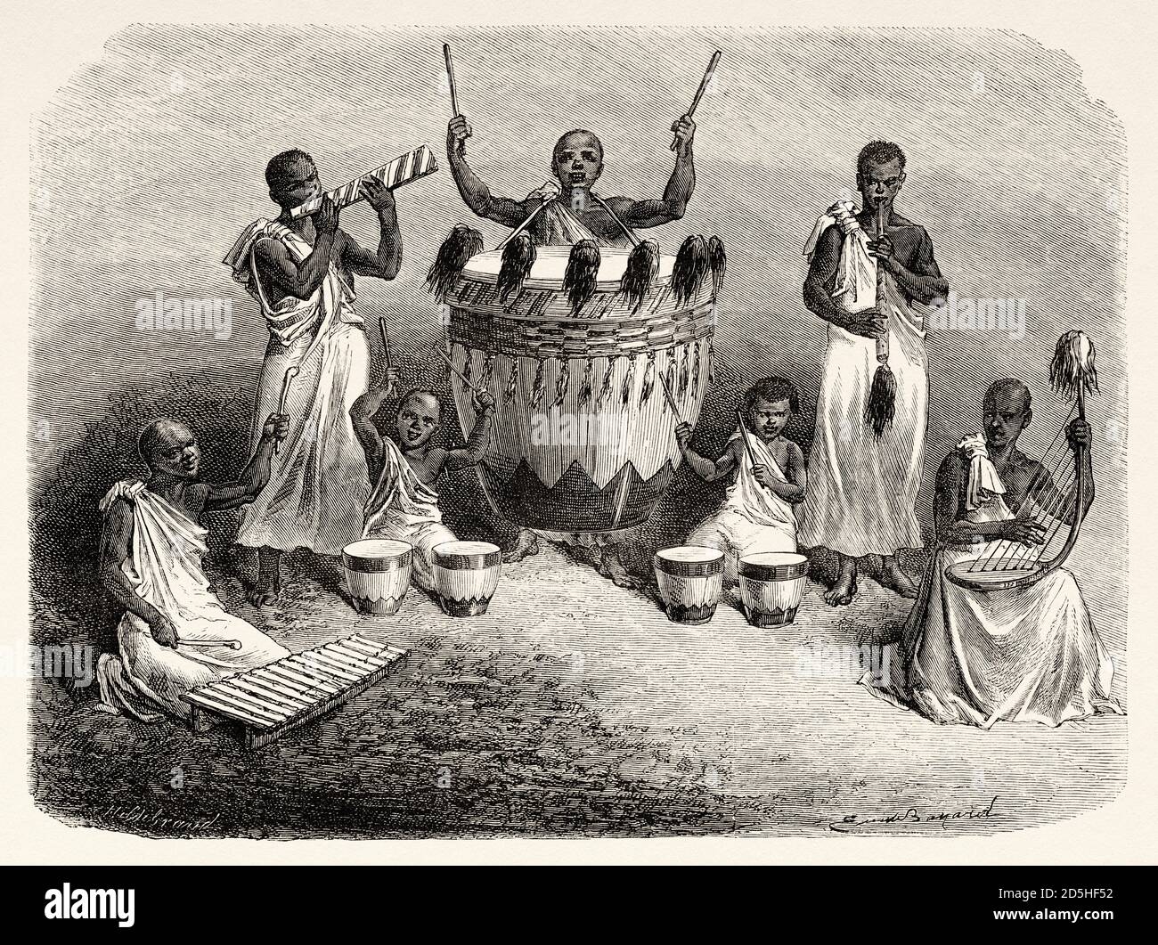 Orchester am Karague-Hof. Aus dem Journal of the Discovery of the Source of the Nile, von Captain John Hanning Speke, Afrika. Altes XIX Jahrhundert gestochen von Le Tour du Monde 1864 Stockfoto Orchester am Karague-Hof. Aus dem Journal of the Discovery of the Source of the Nile, von Captain John Hanning Speke, Afrika. Altes XIX Jahrhundert gestochen von Le Tour du Monde 1864 Stockfoto