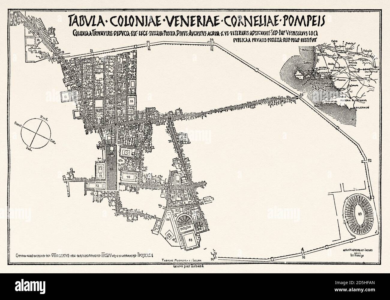 Alter Plan von Pompeji, Italien, Europa. Altes XIX Jahrhundert graviert von Pompeji und Pompeji von Marco Monnier, Le Tour du Monde 1864 Stockfoto