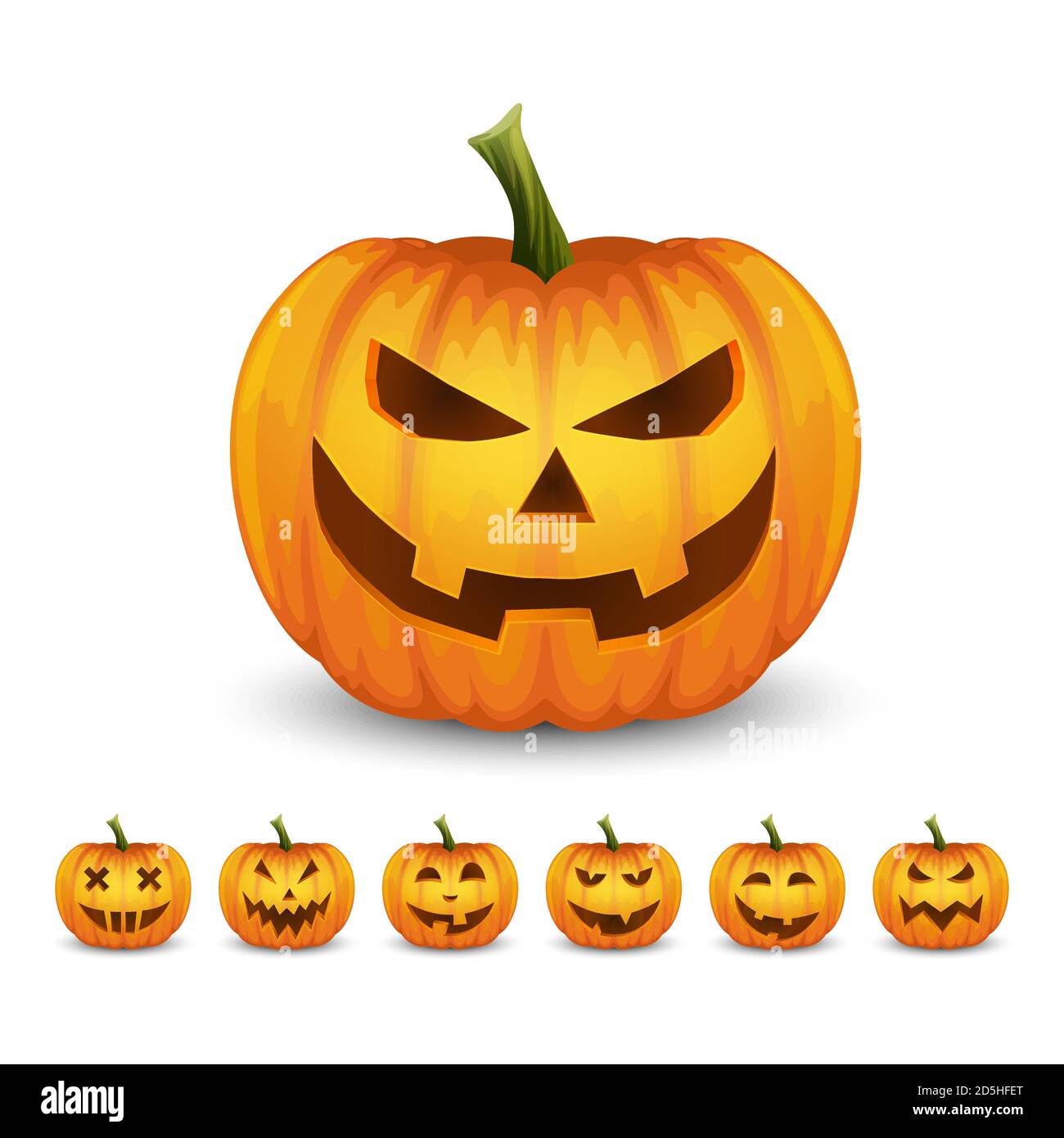 Vektor Hochglanz Cartoon Halloween Pumkin Laterne mit lustigen Gesichtern Icon Set Nahaufnahme isoliert auf weißem Hintergrund. Vorderansicht. Designvorlage. Herbst Stock Vektor