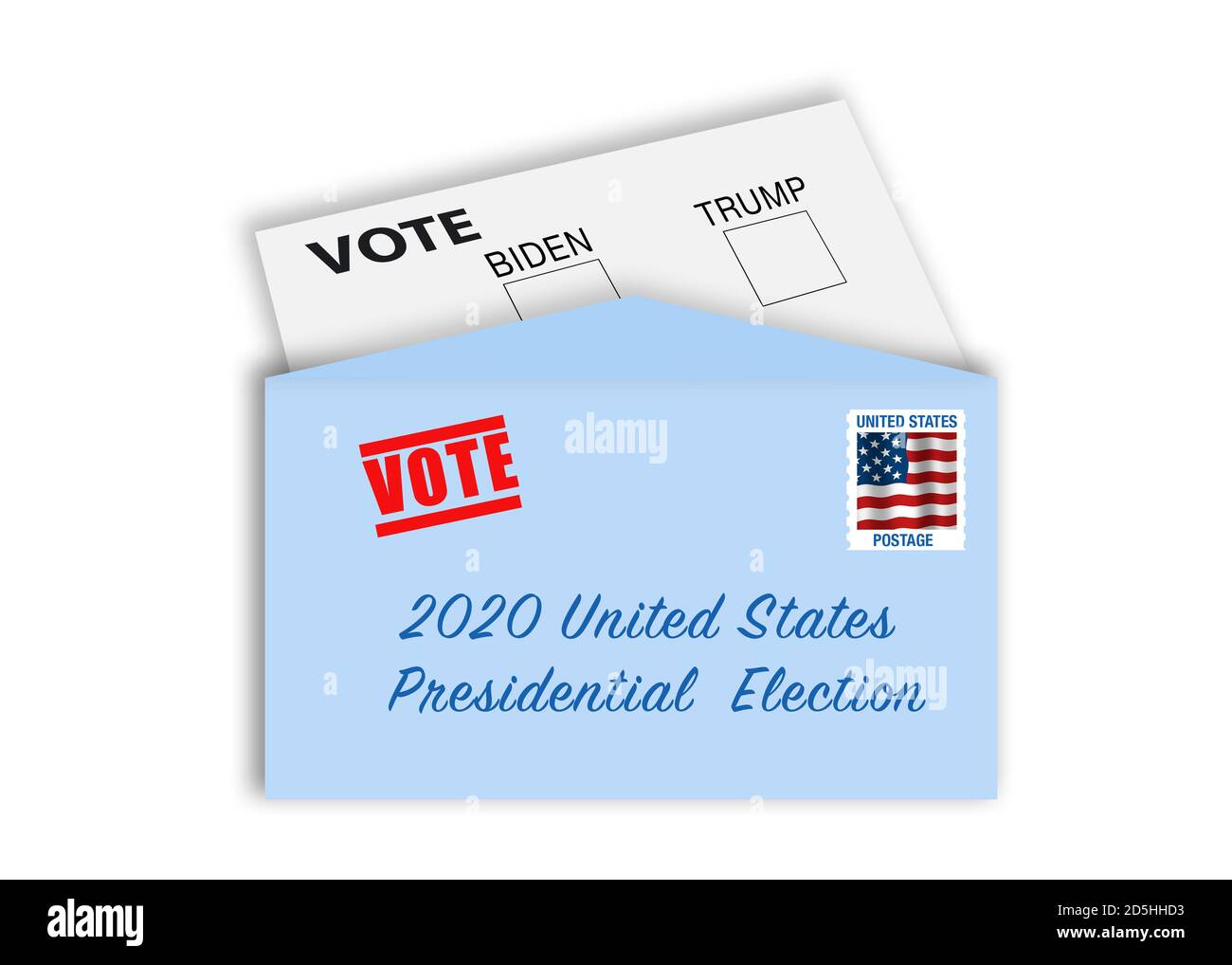 Abstimmung per Brief Konzept - Umschlag mit Stempel, Adresse und Stimmkarte mit Kontrollkästchen der Kandidaten Biden und Trump. Staaten machen es einfacher f Stockfoto