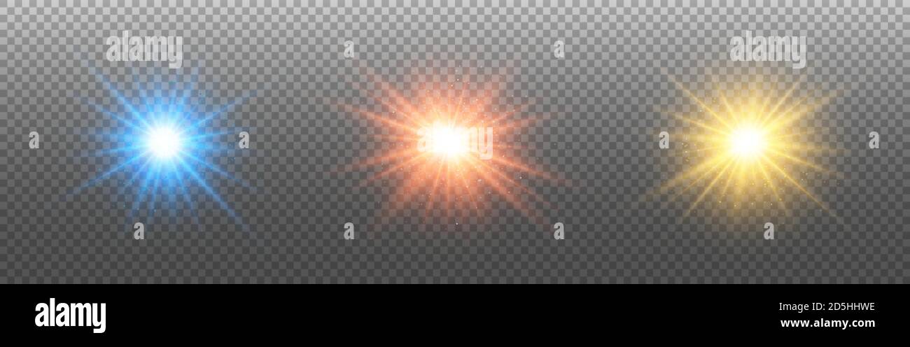 Leuchtendes Licht eingestellt. Star Burst Kollektion auf transparentem Hintergrund. Gold-, Silber- und Bronzesterne mit strahlendem Glitzer. Festliche Dekoration. Vektor Stock Vektor