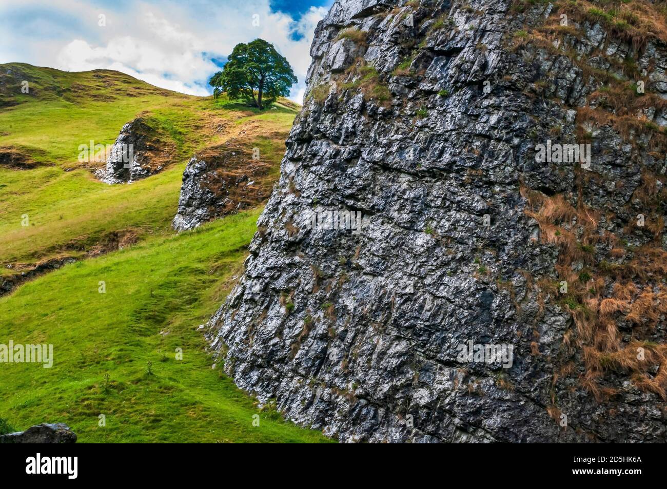 Große Stütze aus Riffkalk, nass nach Regen, in der tiefen Schlucht von Winnats Pass, Castleton, Derbyshire. Stockfoto