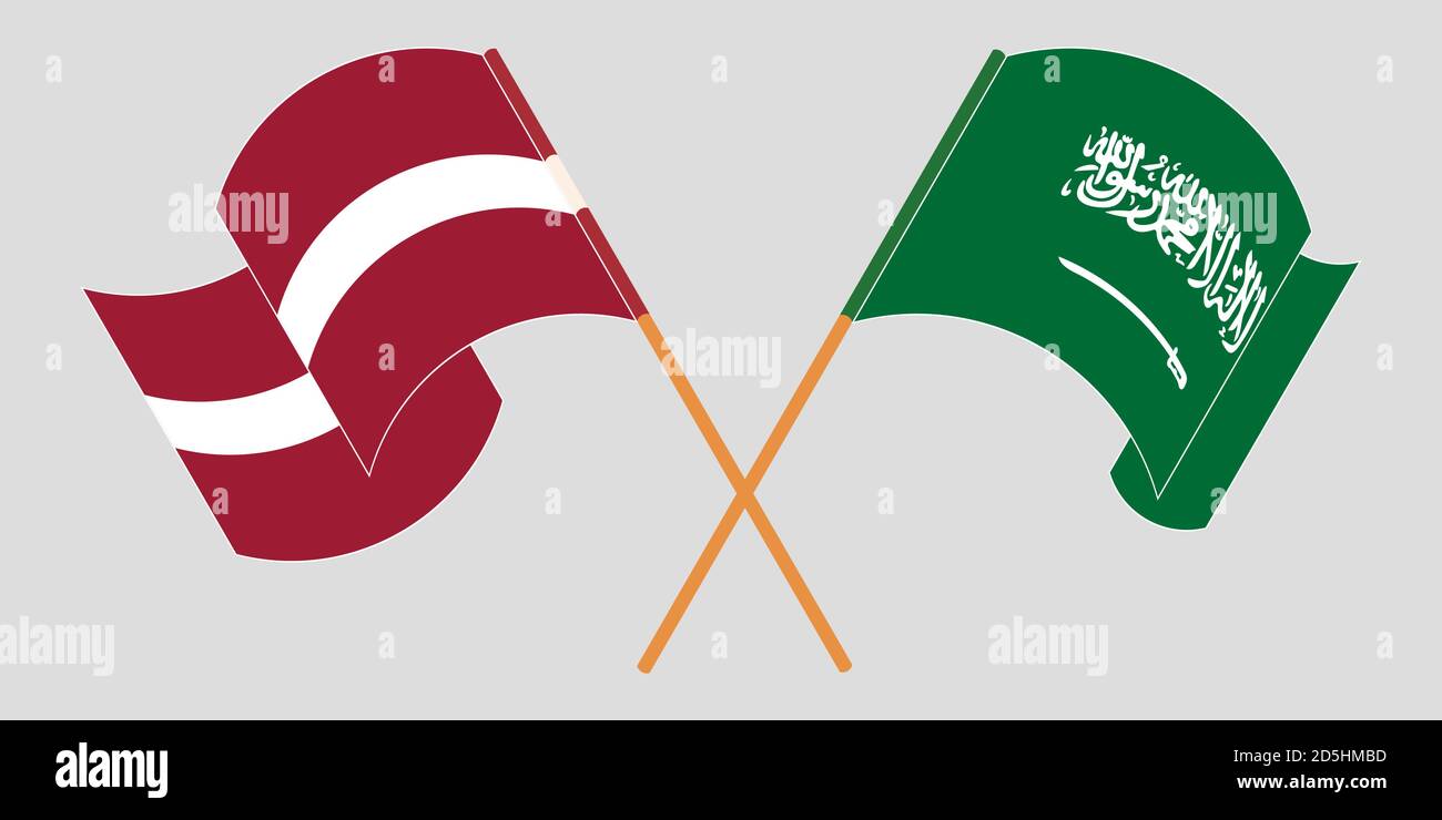 Gekreuzte und winkende Flaggen von Lettland und dem Königreich Saudi-Arabien. Vektorgrafik Stock Vektor