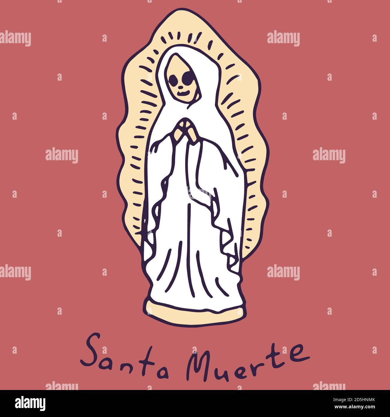 Saint catrina auf weißem Hintergrund isoliert. Santa muerte Statuette für Einladung oder Geschenkkarte, Notizbuch, Badetuch, Sammelalbum. Telefontasche oder Tuch prin Stock Vektor