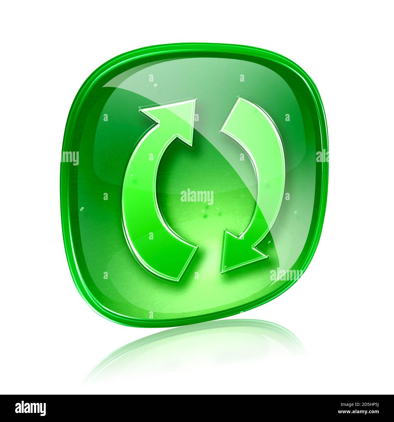 Refresh-Symbol grünes Glas, isoliert auf weißem Hintergrund. Stockfoto