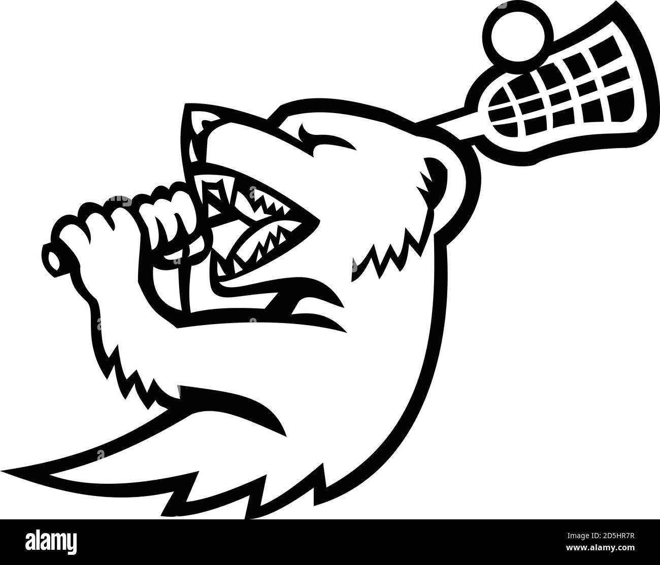 MASCOT-Illustration eines Mungos mit Lacrosse Stick und Ball von der Seite auf isoliertem Hintergrund im Retro-Schwarz-Weiß-Stil. Stock Vektor