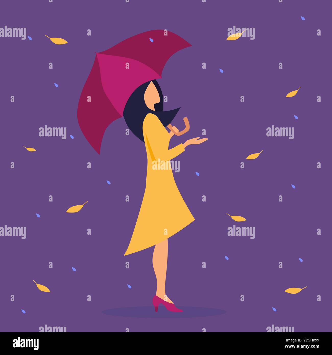 Eine Frau in einem gelben Mantel, die unter einem Regenschirm steht. Trockene Blätter und Regen fallen auf ein Mädchen mit einem roten Regenschirm. Herbst und Schlechtwetterkonzept Stock Vektor