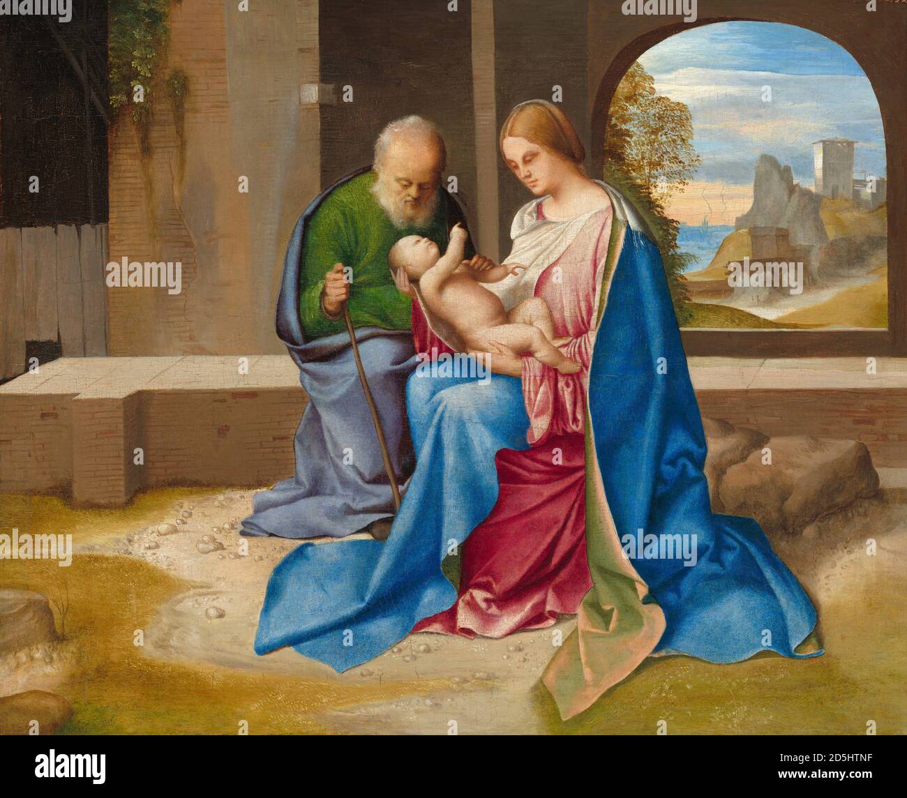 Titel: Die Heilige Familie Schöpfer: Giorgione Datum: Wahrscheinlich c. 1500 Maße: 37.3 x 45.6 cm Medium: Öl auf Platte auf Hartplatte übertragen Ort: National Gallery of Art, Washington, D.C. Stockfoto