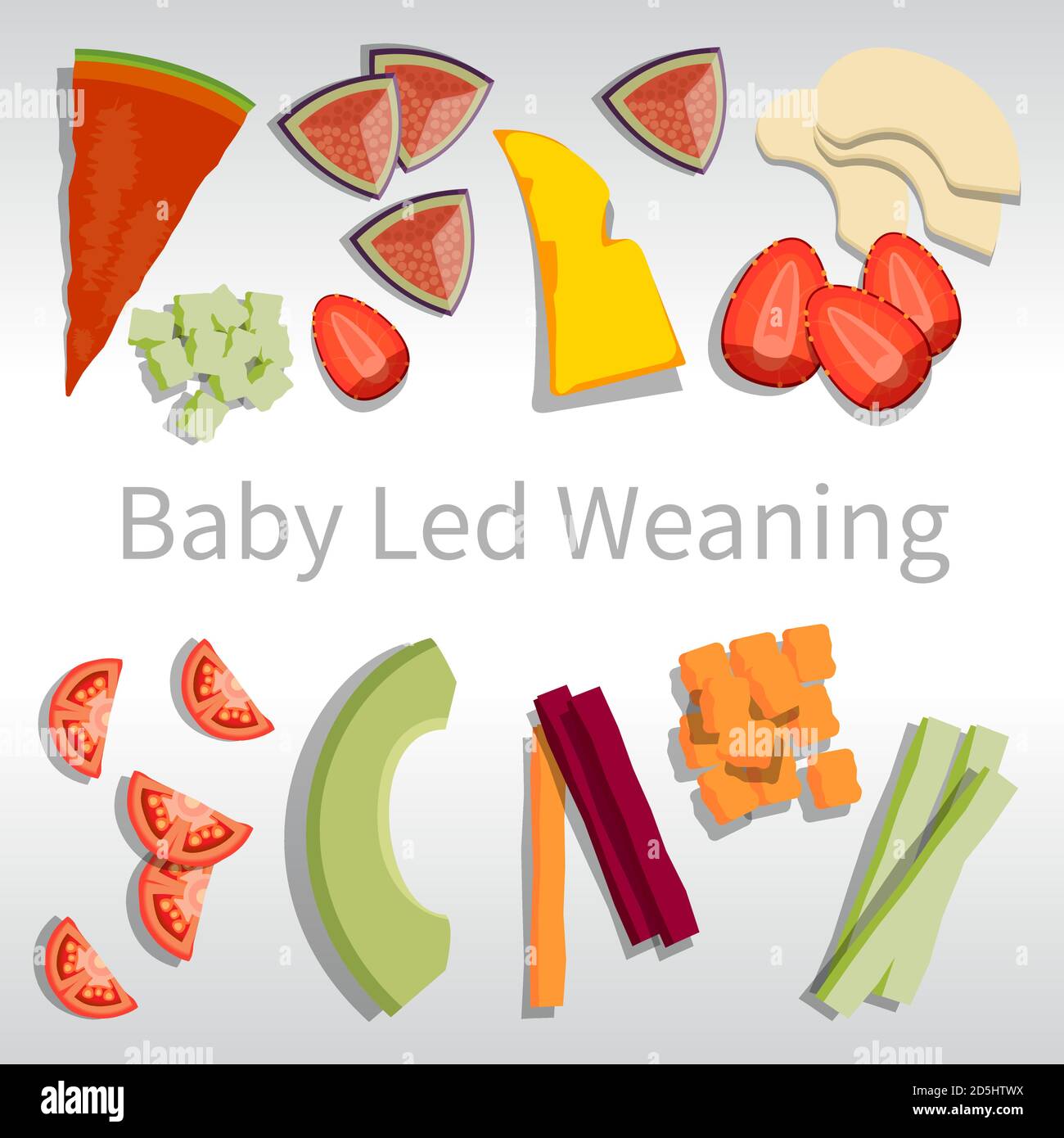 BLW Baby führte Entwöhnung feste Nahrung Obst und Gemüse auf Ein weißes Quadrat Stock Vektor