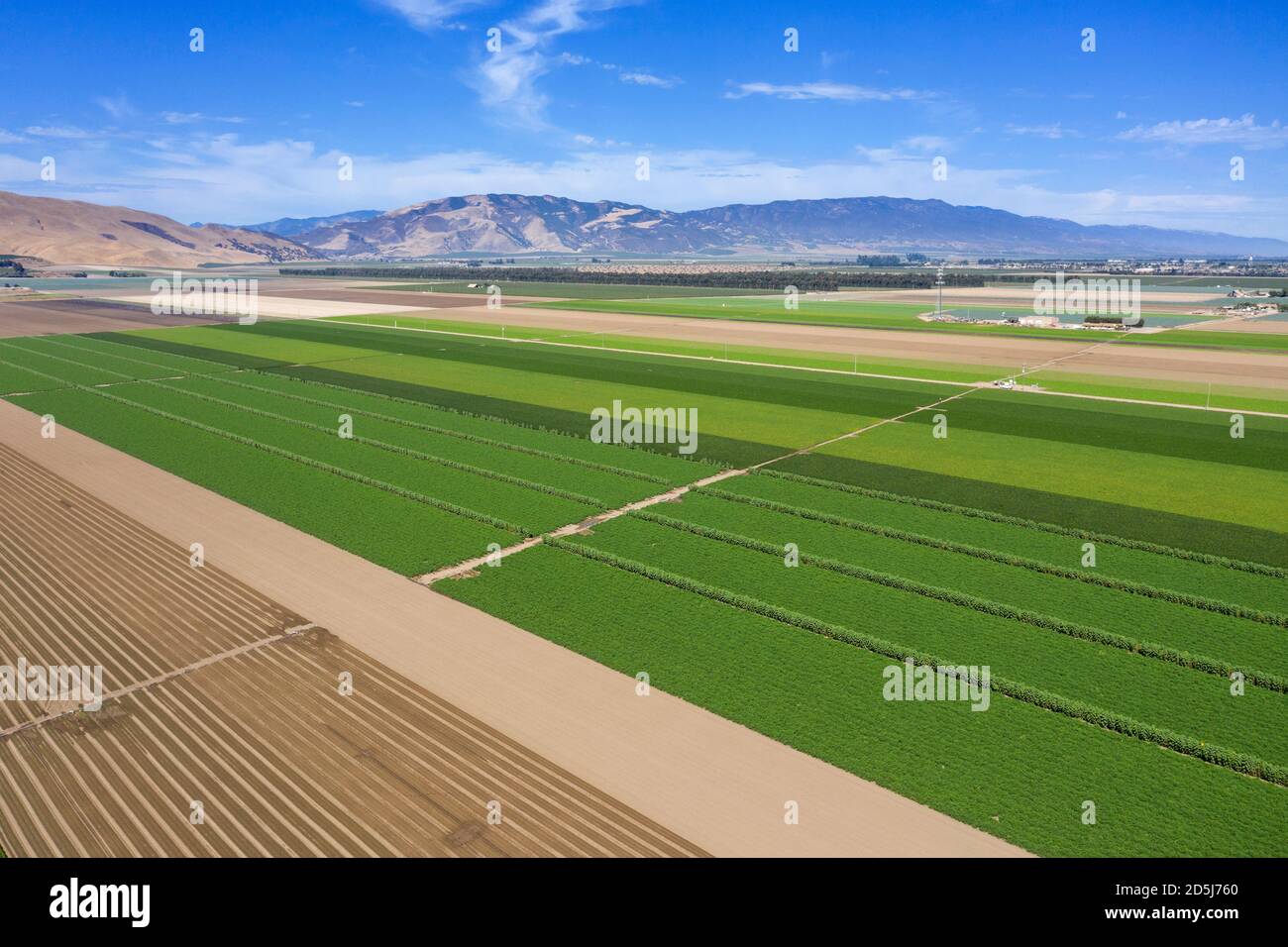Luftaufnahmen mit Blick auf die reiche landwirtschaftliche Landschaft des Salinas Valley in Monterey County, Kalifornien Stockfoto