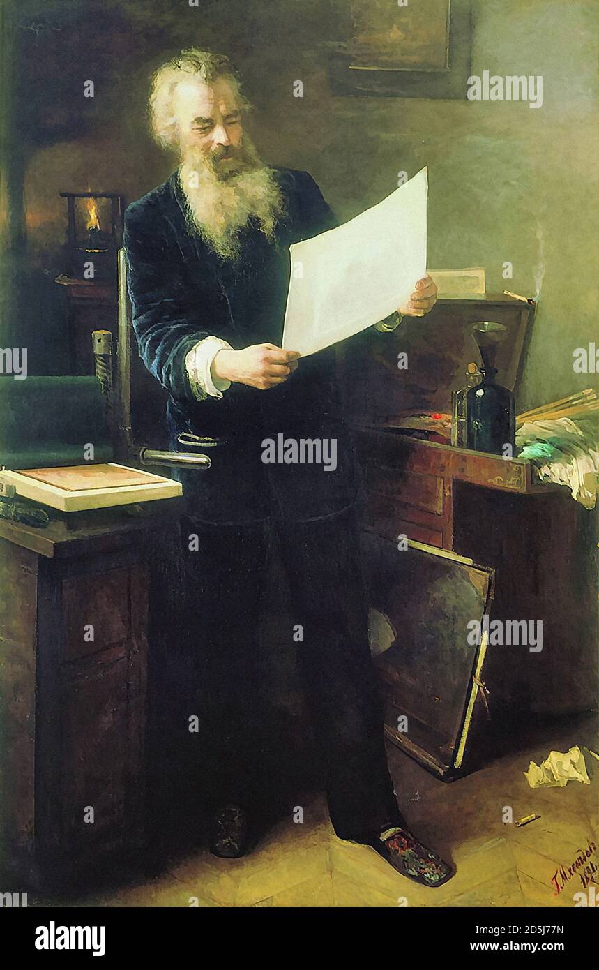 Mjassojedov Grigorij - erster Eindruck (Porträt von Ivan Schischkin) - Russische Schule - 19. Jahrhundert Stockfoto