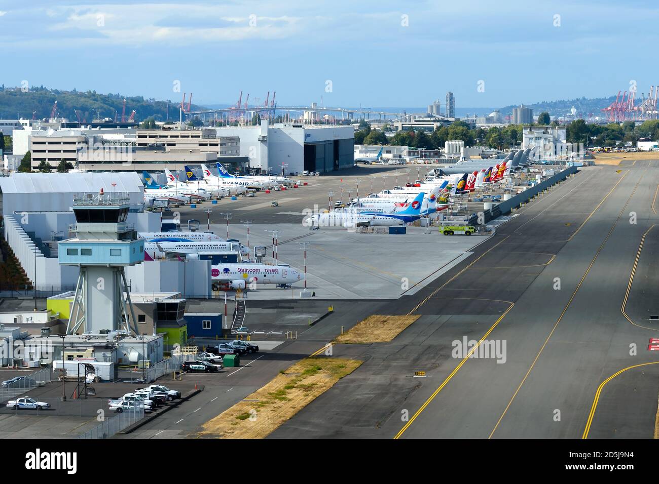 Aufstellung der Boeing 737 im Boeing Field in Seattle. Mehrere 737er am King County International Airport. Boeing-Anlage. Stockfoto