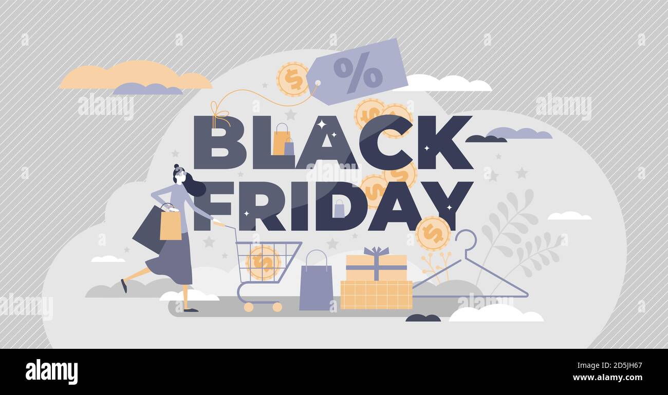 Black friday Shopping Verkauf oder Shop Rabatt bieten Veranstaltung winzige Person Konzept. Einzelhandelsaktion mit Preisschildern und Etiketten für Rabattprodukte vec Stock Vektor