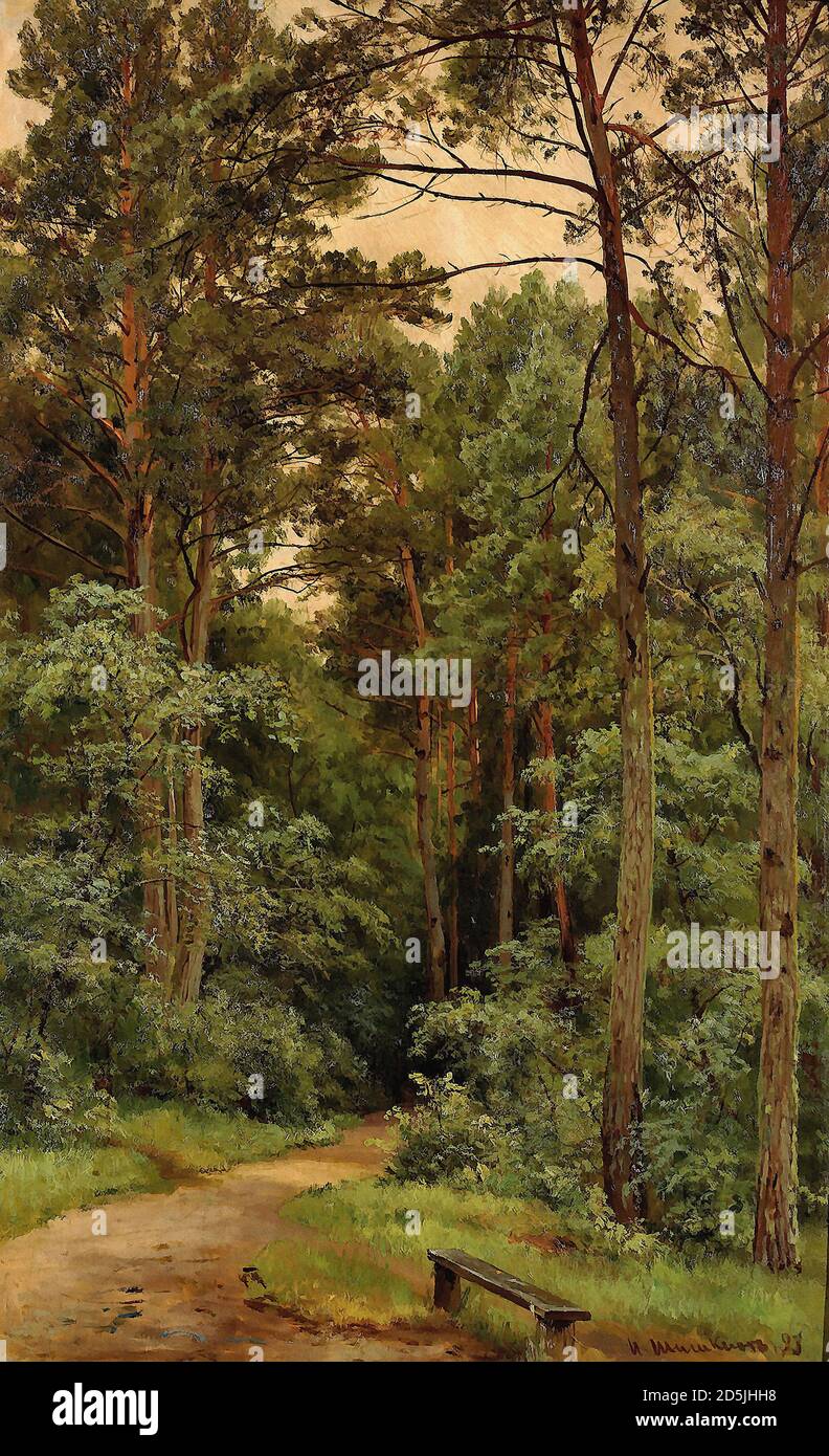 Shishkin Ivan - Boslandschap Met Bankje - Russische Schule - 19. Jahrhundert Stockfoto