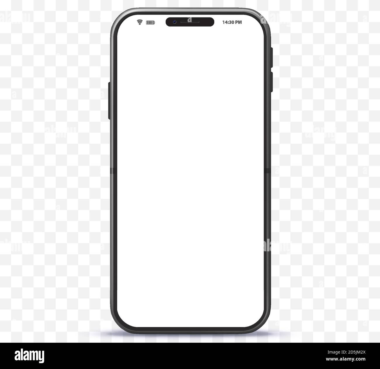 Mobiltelefon im iPhone-Stil mit Silberfarbe. Vektor-Smartphone-Modell mit rahmenlosem weißen Bildschirm. Isoliert auf transparentem Hintergrund. Stock Vektor