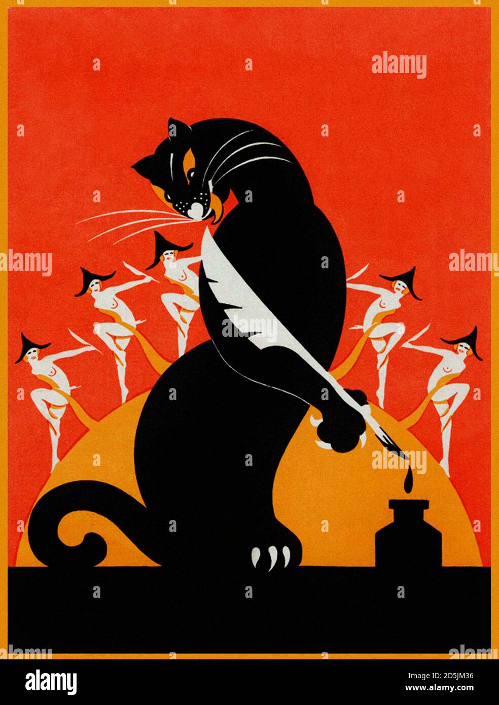 Retro-Clipart der schwarzen Katze mit Federkiel und Tintenfass. 1930er Jahre Stockfoto