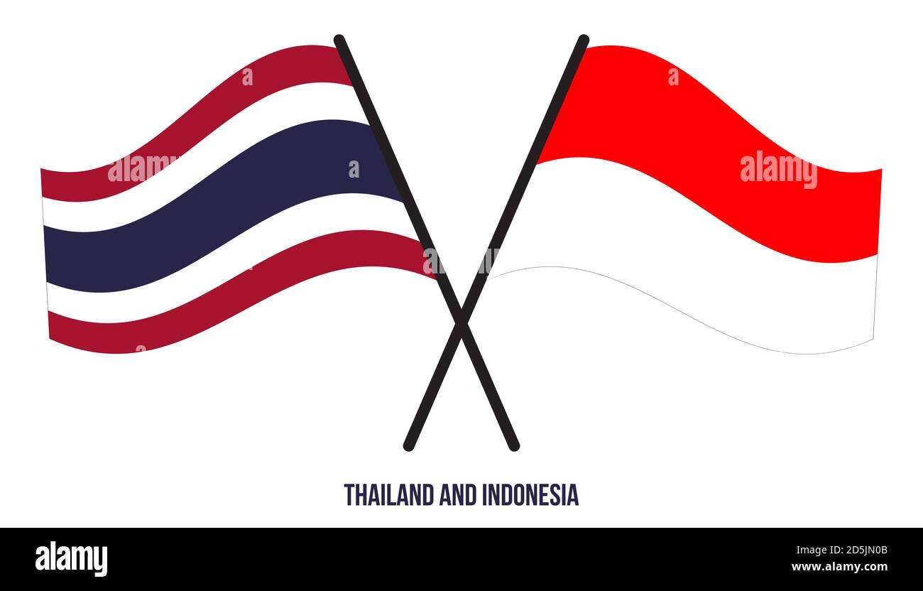 Thailand und Indonesien Flaggen gekreuzt und winken Flat Style. Offizieller Anteil. Korrekte Farben. Stockfoto