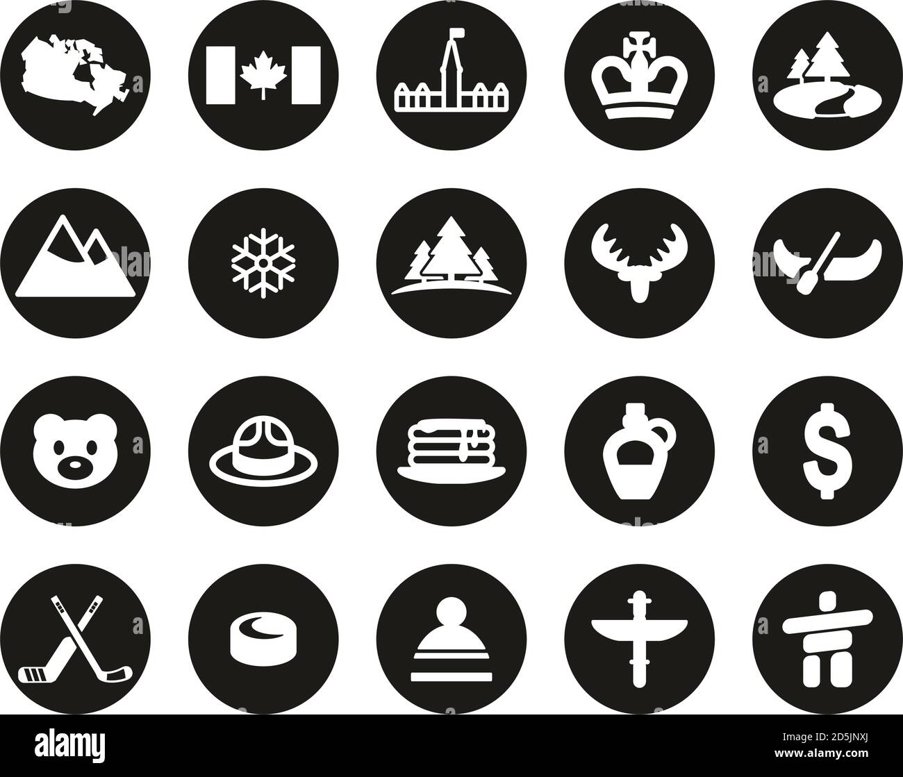 Canada Country & Culture Icons Weiß Auf Schwarz Flat Design Kreis Groß Stock Vektor