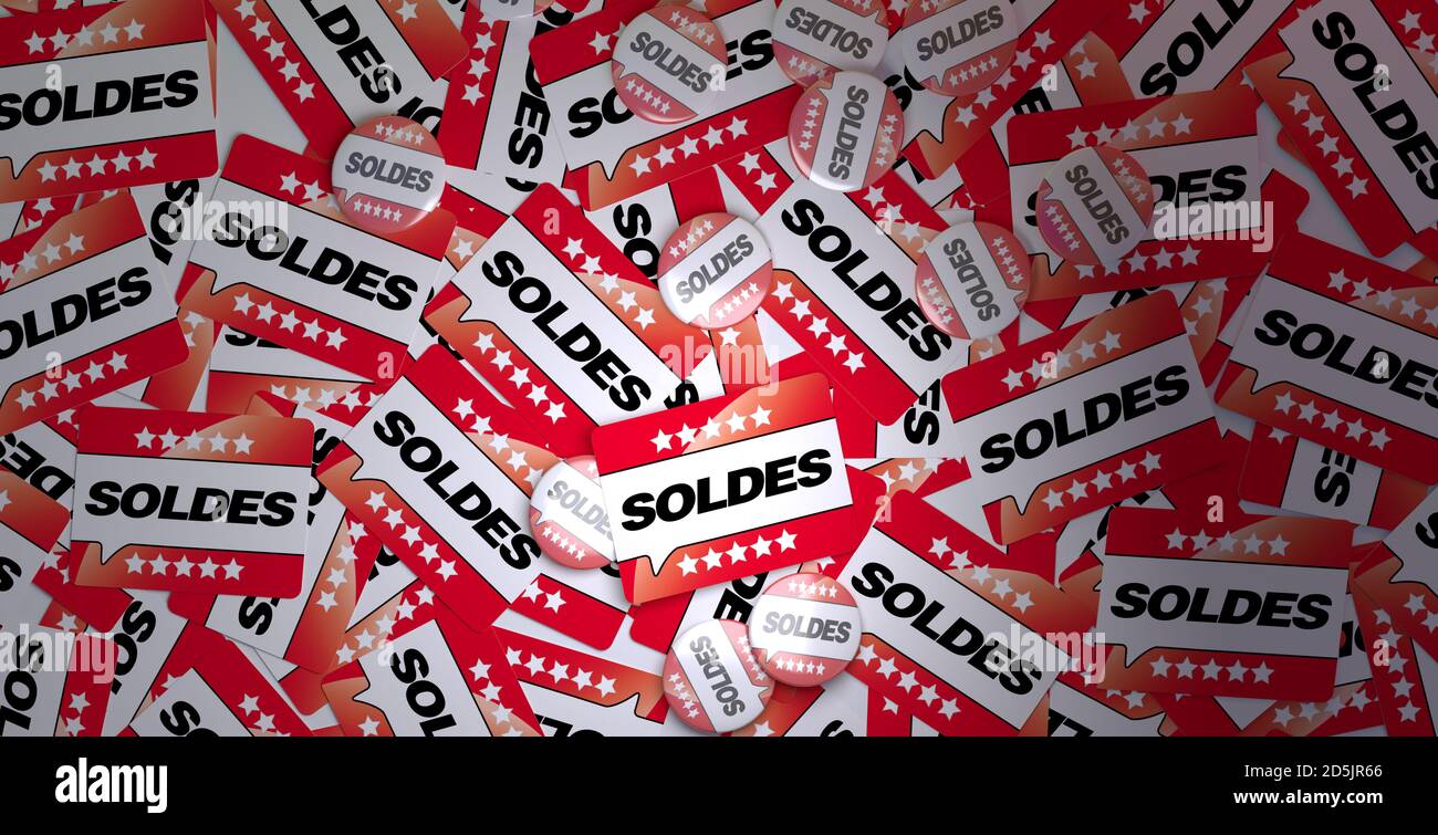 3D-Rendering von Karten und Abzeichen mit dem Wort Verkauf Auf Französisch Stockfoto