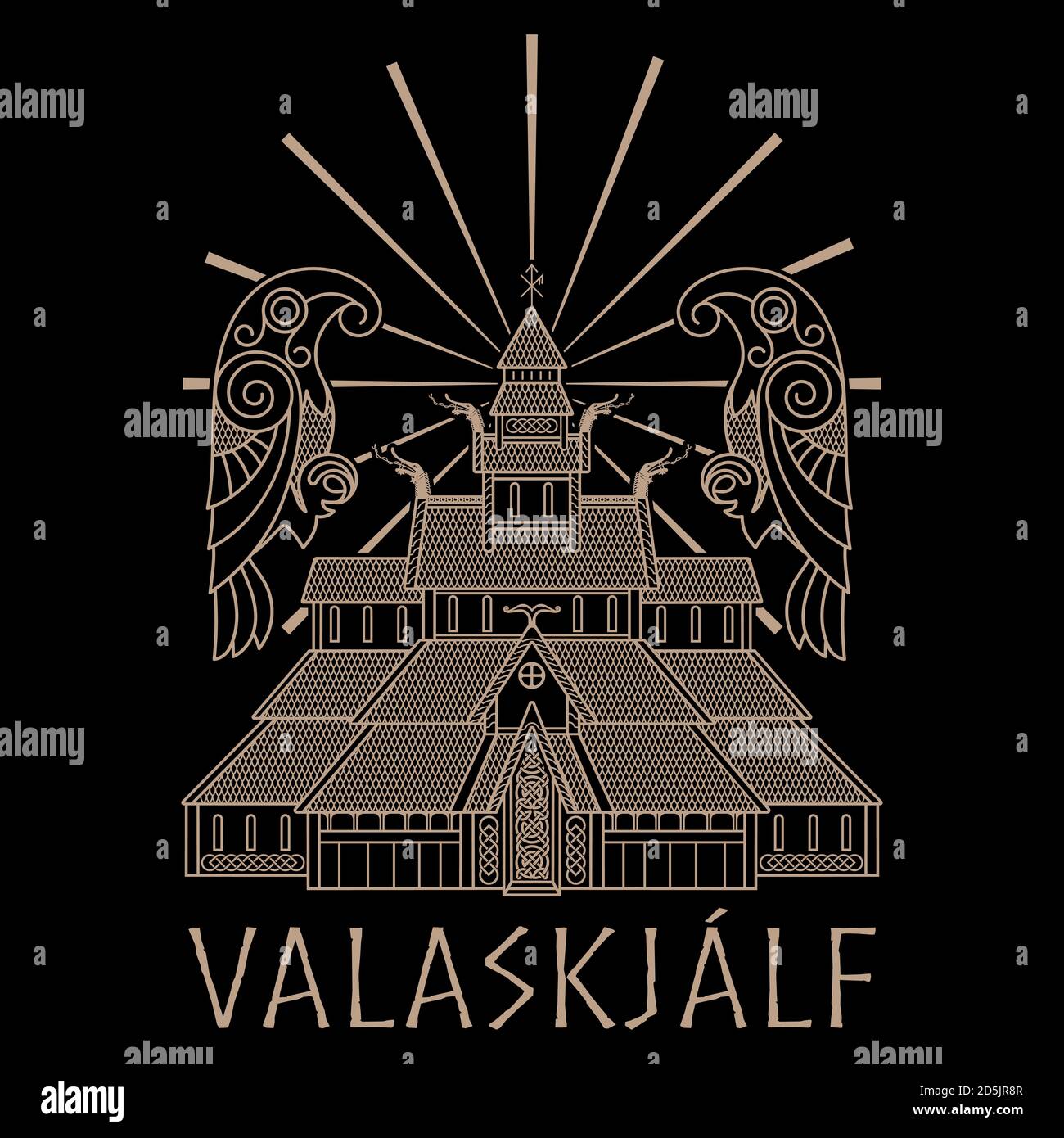 Alter Tempel des nordischen Gottes Odin - Valaskjalf, Odins Hallen und zwei Krähen Huginn und Muninn Stock Vektor