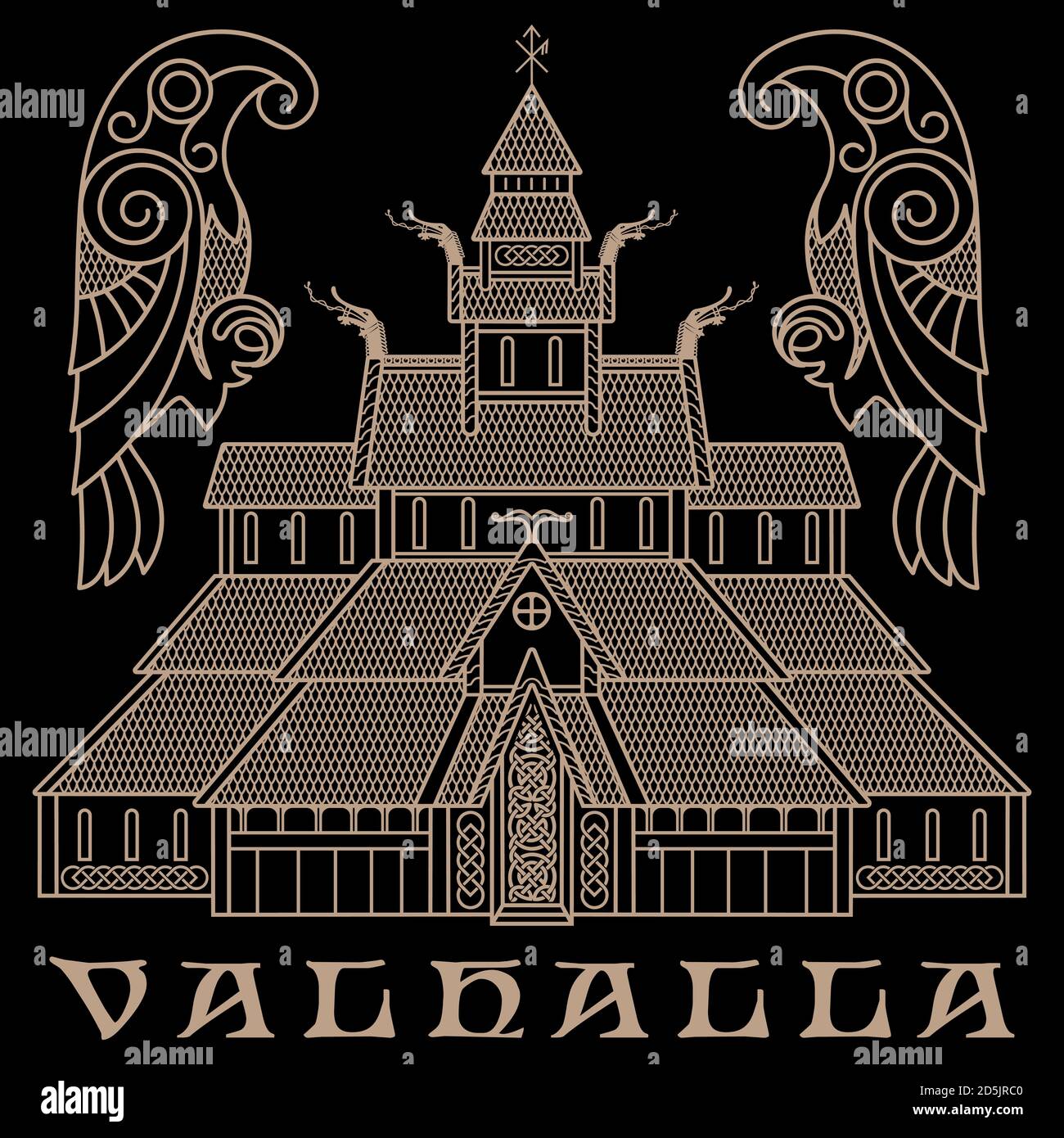 Alter Tempel des nordischen Gottes Odin - Valaskjalf, Odins Hallen und zwei Krähen Huginn und Muninn Stock Vektor