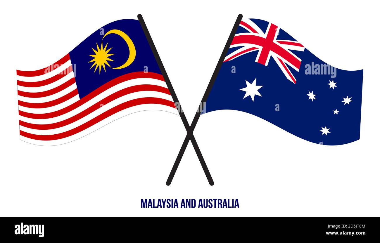 Malaysia und Australien Flaggen gekreuzt und winken Flat Style. Offizieller Anteil. Korrekte Farben. Stock Vektor