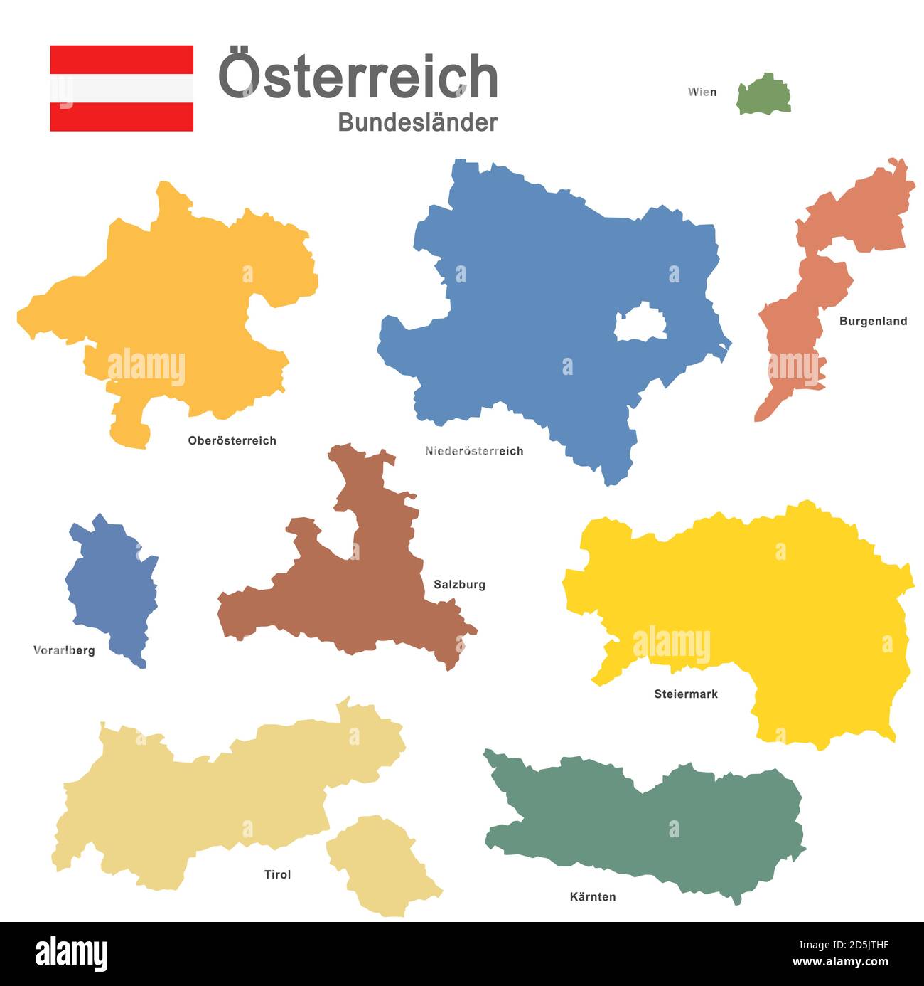 Farbige Silhouetten Österreichs und der Bundesländer Stock Vektor