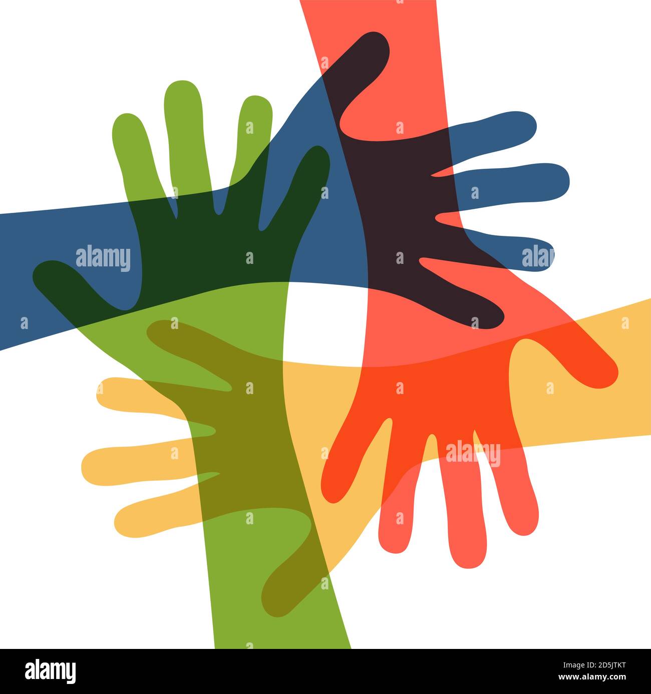 EPS 10 Vektor-Illustration von vier verschiedenen farbigen Menschen strecken ihre Hände symbolisieren Zusammenarbeit oder Vielfalt Freundschaft Stock Vektor