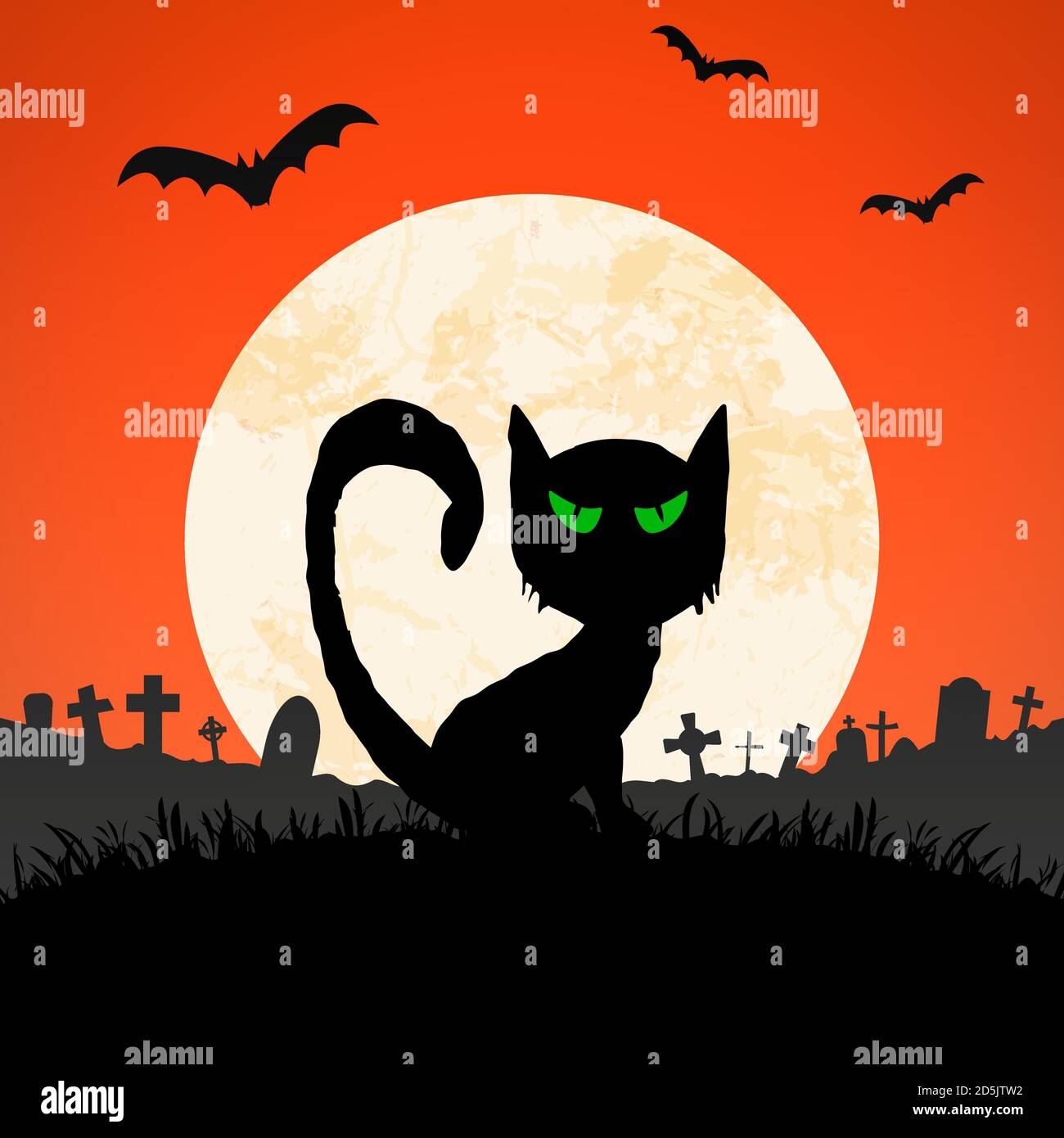 Spooky Katze vor einem Vollmond mit Grabsteinen und andere illustrierte Elemente für Halloween Hintergrund Layouts Stock Vektor