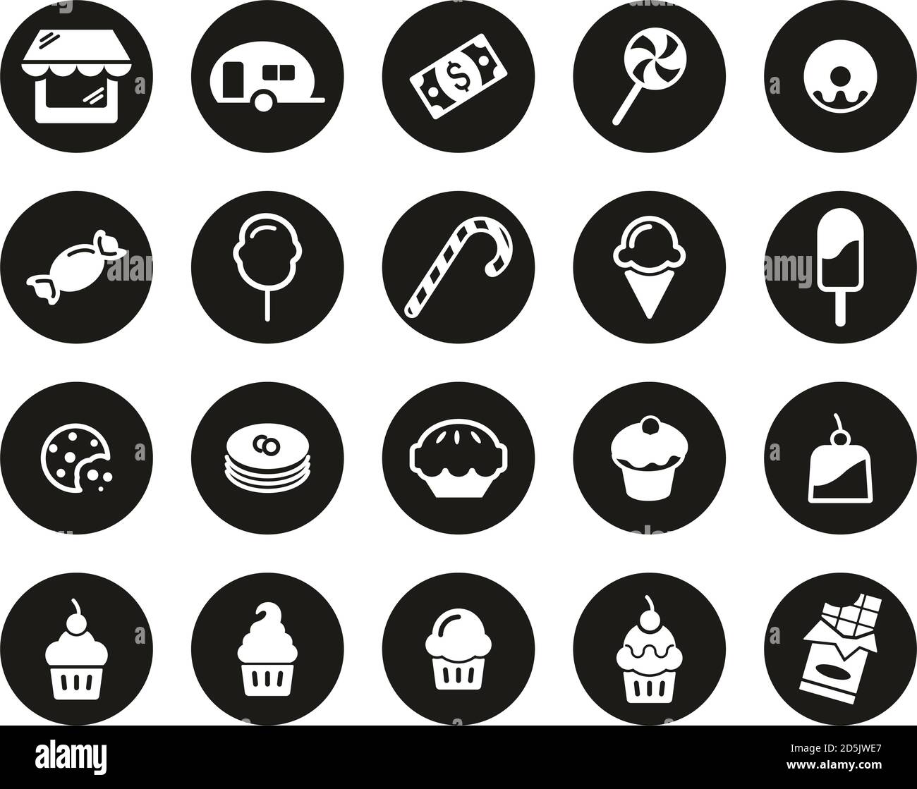 Candy Shop Icons Weiß Auf Schwarz Flat Design Kreis Set Groß Stock Vektor