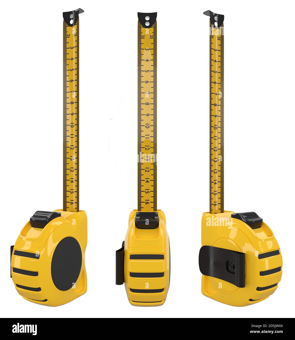 Set Balg Tischler Maßband isoliert auf weiß mit Maßstabsskala Stockfoto