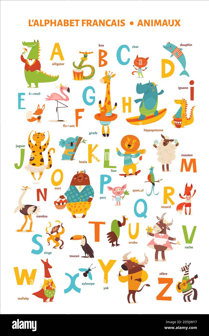 Französisches Alphabet Poster mit CartoonTieren Alamy