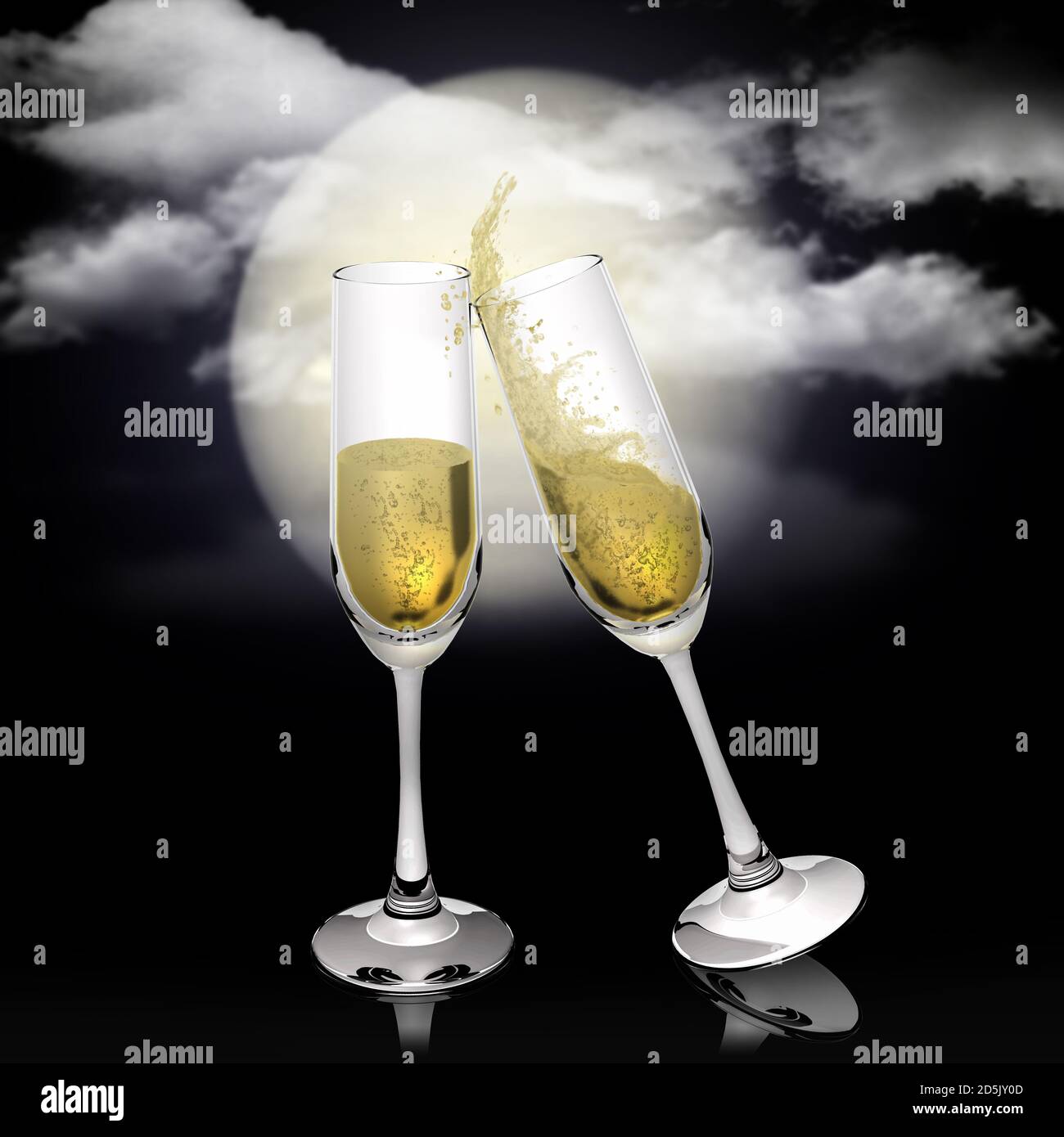 3D-Illustration. Wünsche, Party. Toast mit Champagner in der Nacht im Mondschein. Stockfoto