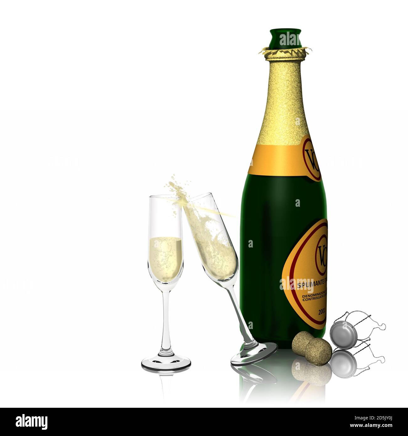 3D-Illustration. Wünsche, Party. Toast mit Champagner isoliert auf weißem Hintergrund Stockfoto