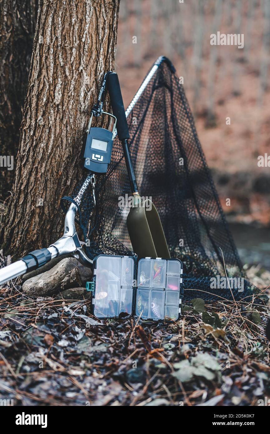 Angelausrüstung Box, Waage, Landungsnetz in der Natur Stockfoto