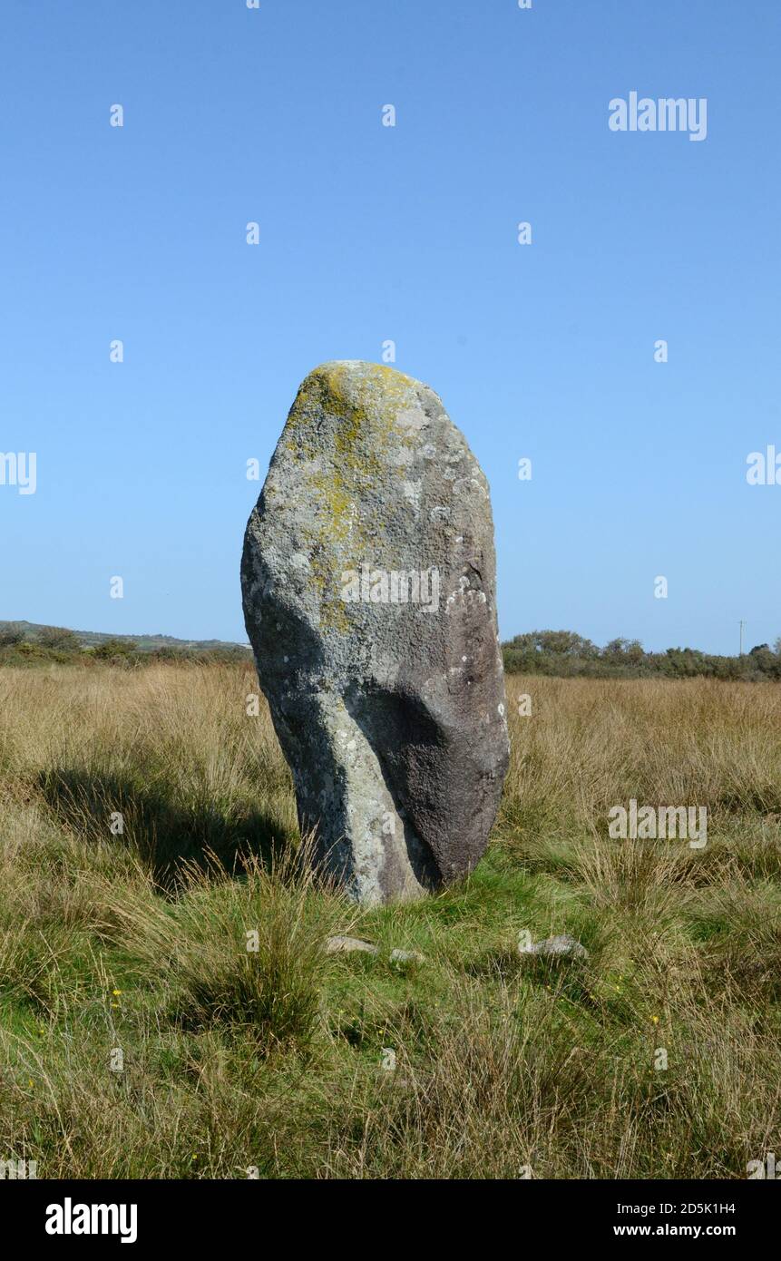 Rhos y Clegyrn Standing Stone Menhir neolithische Bronzezeit St Nicholas Pembrokeshire Wales Cymru Großbritannien Stockfoto